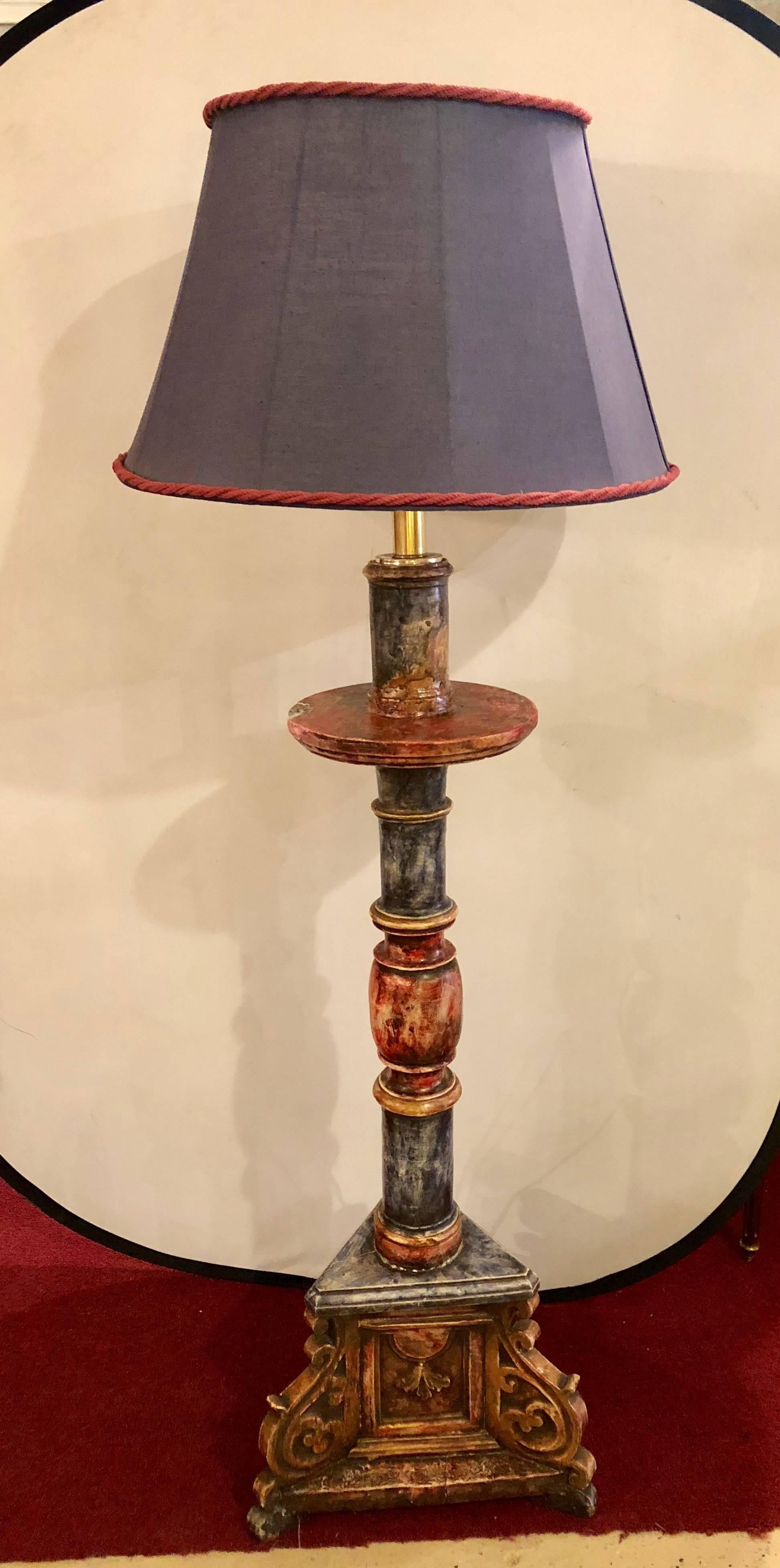 Painted Italian Continental Candle Prick Standing Lamp, 18th-19th Century In Good Condition In Stamford, CT