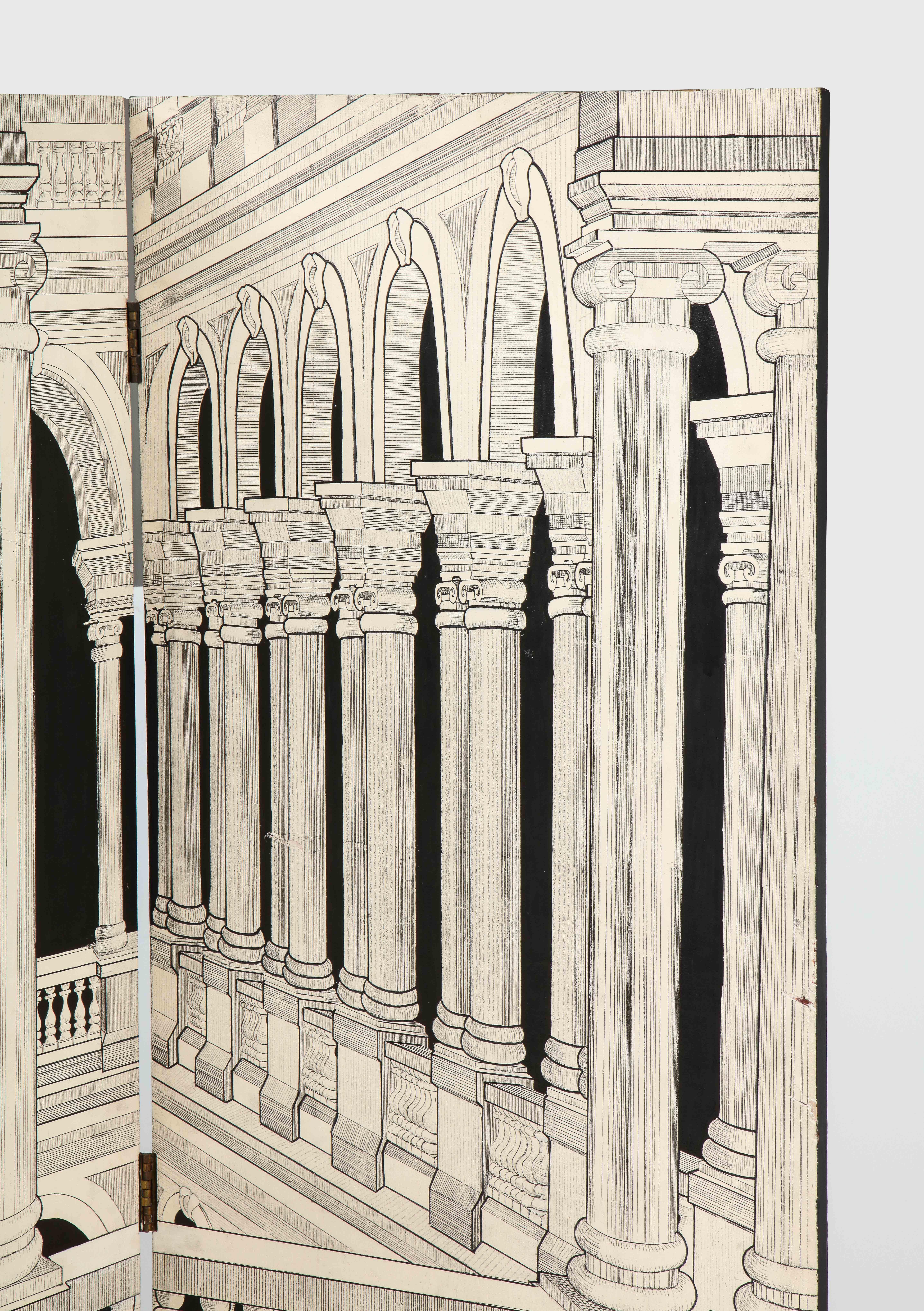 A great four panel perspective scene of an Italian interior with classical columns looking into an open space, rendered in a black and white on wood. In the manner of Fornasetti.