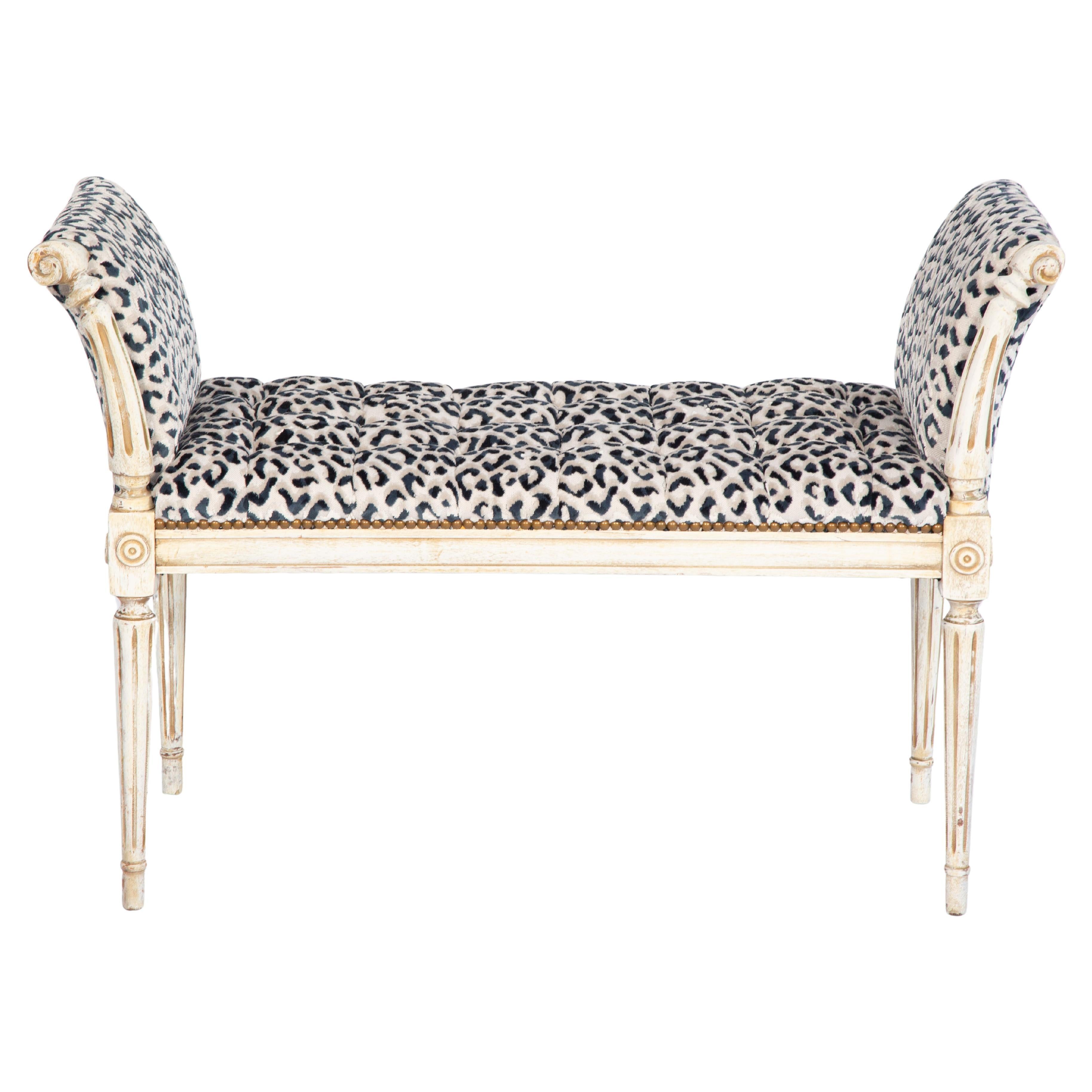 Painted Italian Louis XVI-style Window Seat Bench Upholstered in Leopard Velvet