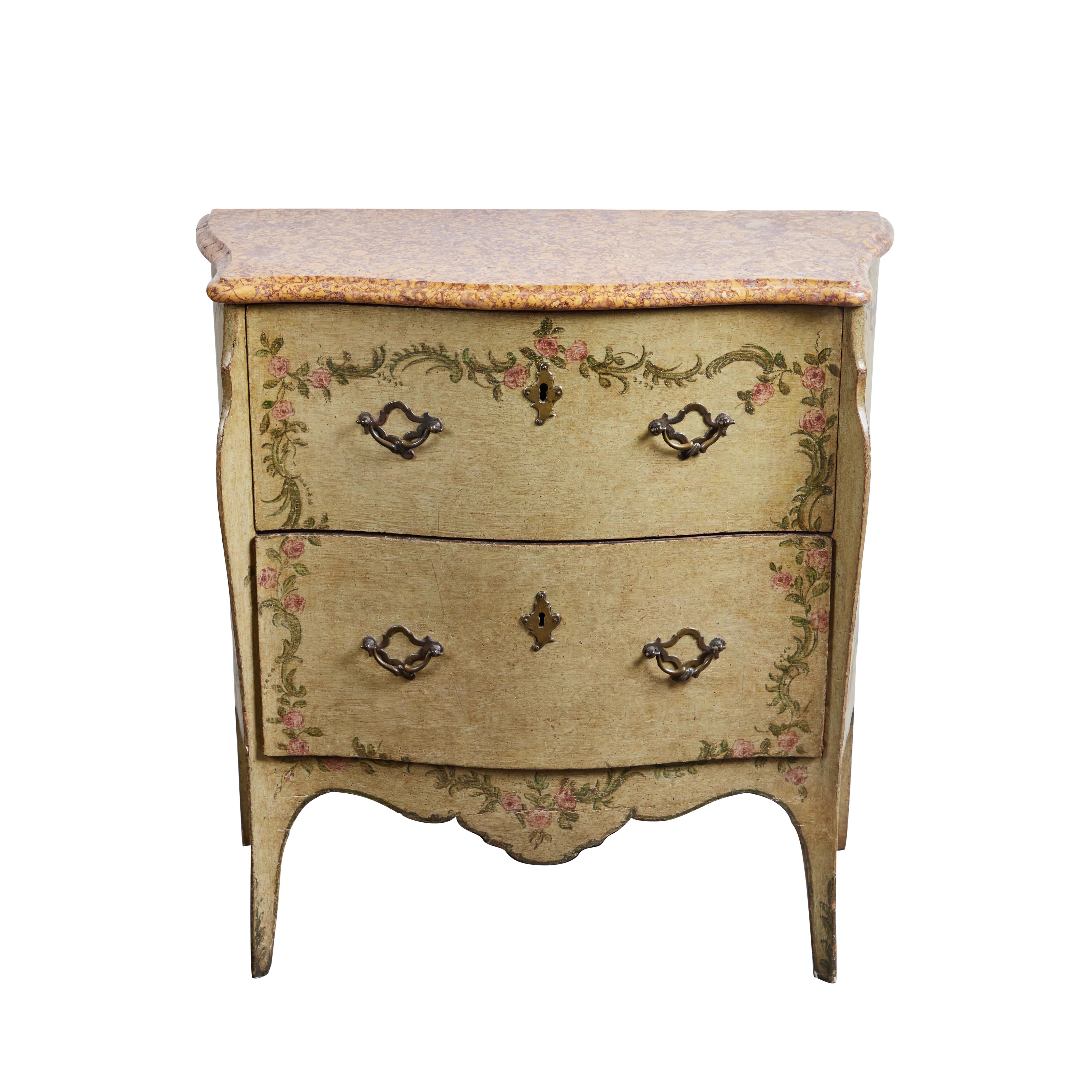 A charming, painted 2 drawer commode with original bronze hardware and Brocatello di Spagna marble top. Flowers and vine decoration all over.