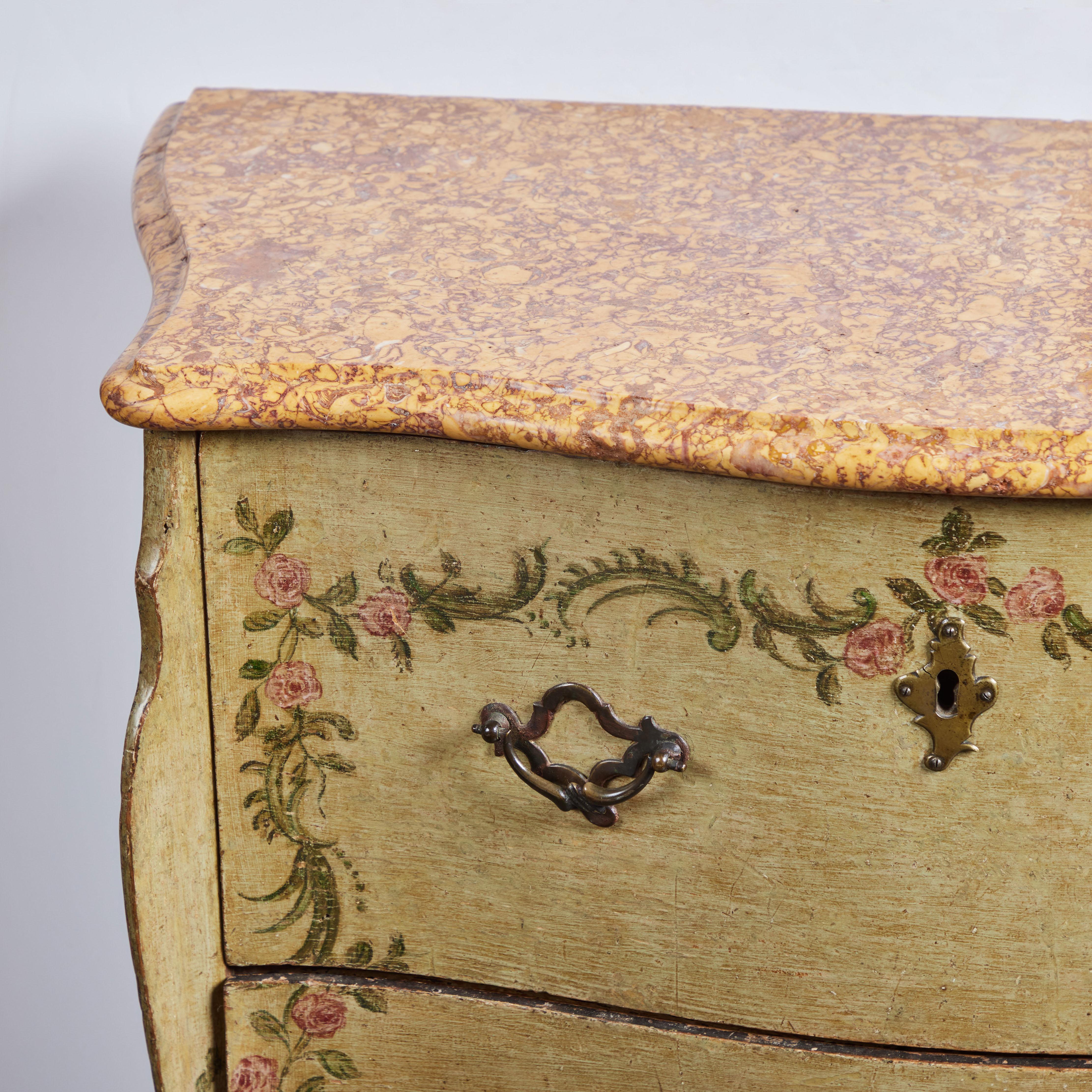 Hand-Carved Painted Italian Marble Top Commode For Sale