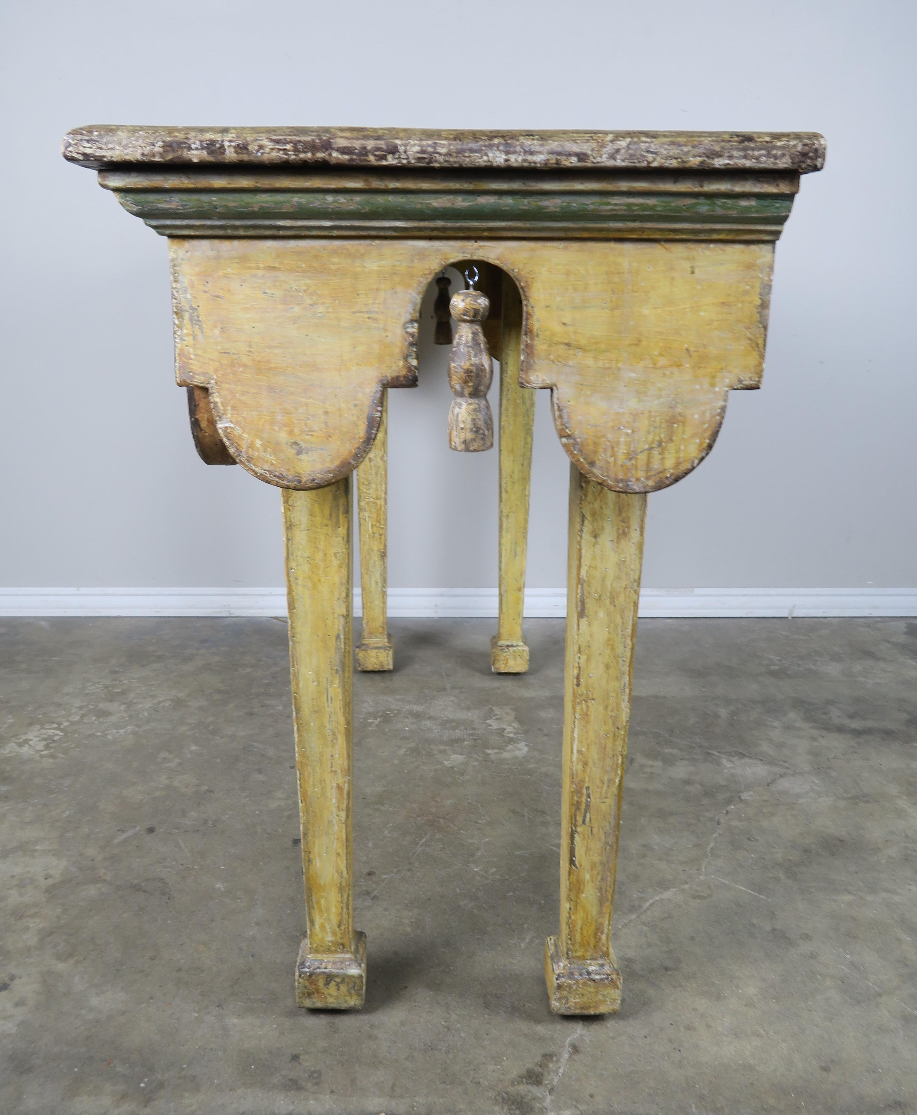 Painted Italian Midcentury Table with Tassels In Distressed Condition In Los Angeles, CA