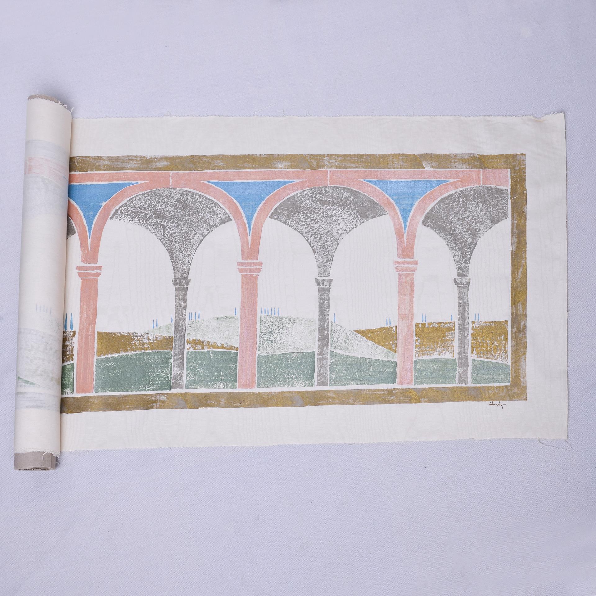 Hand printed tapestry on silk taffeta: by the italian architect Zocche in the 1980s, part of a now sold collection of Italian landscapes. i have not put the frame to facilitate shipping.