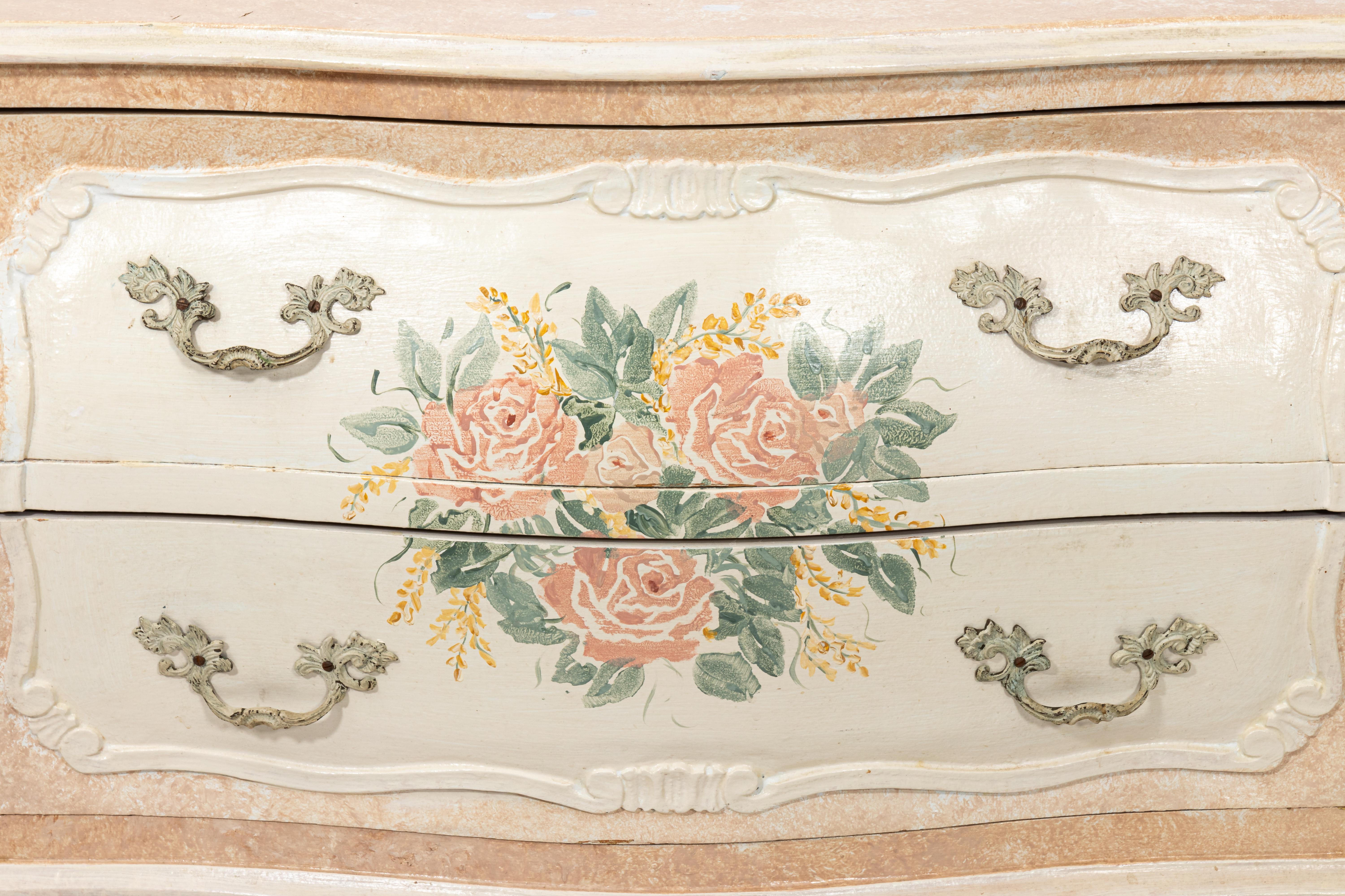 Italian two-drawer commode or end table with painted leaf detail on drawer fronts. Some paint loss due to age and use.