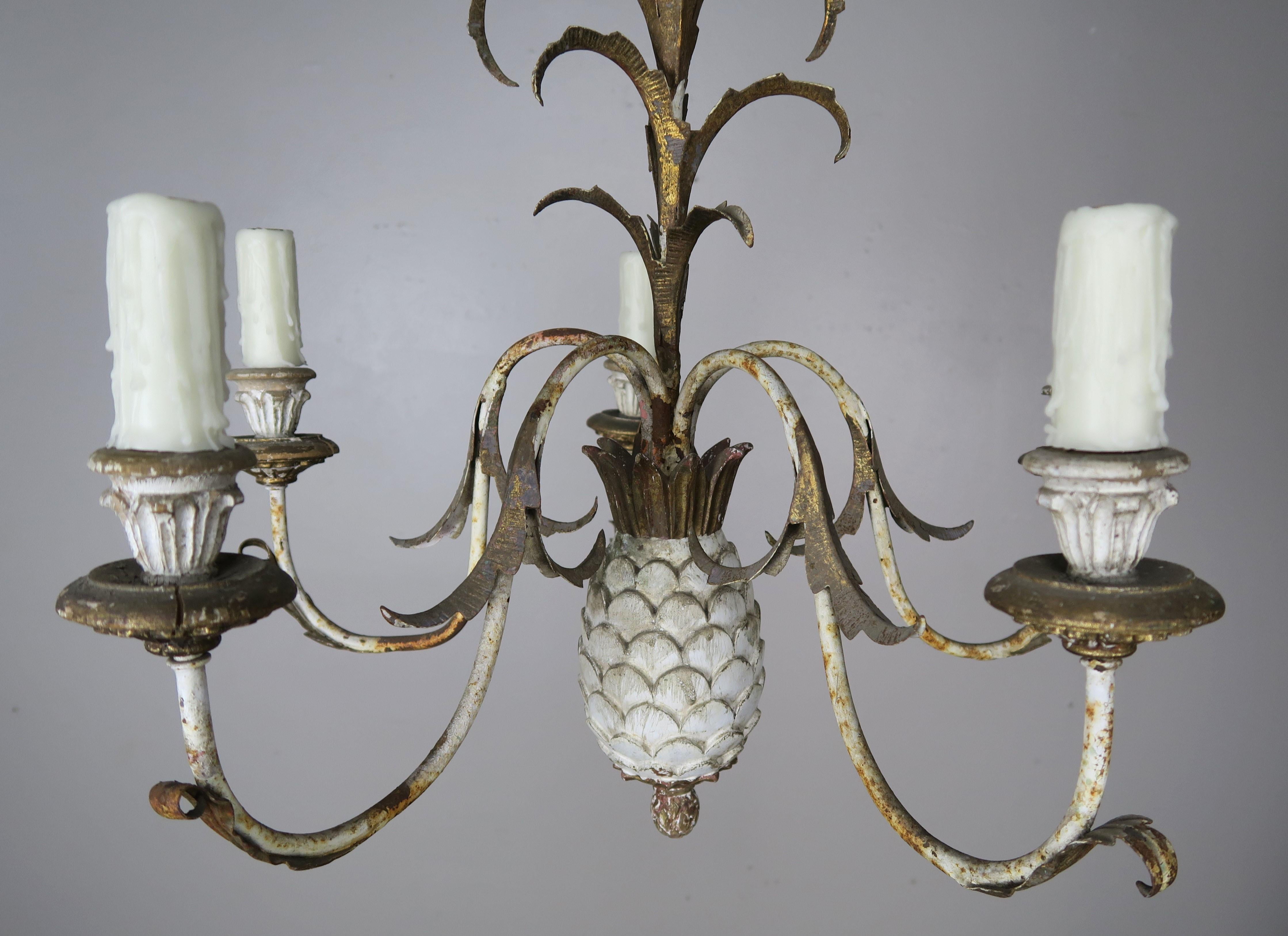 Painted Italian Wood & Metal Pineapple Chandelier, circa 1940s 2