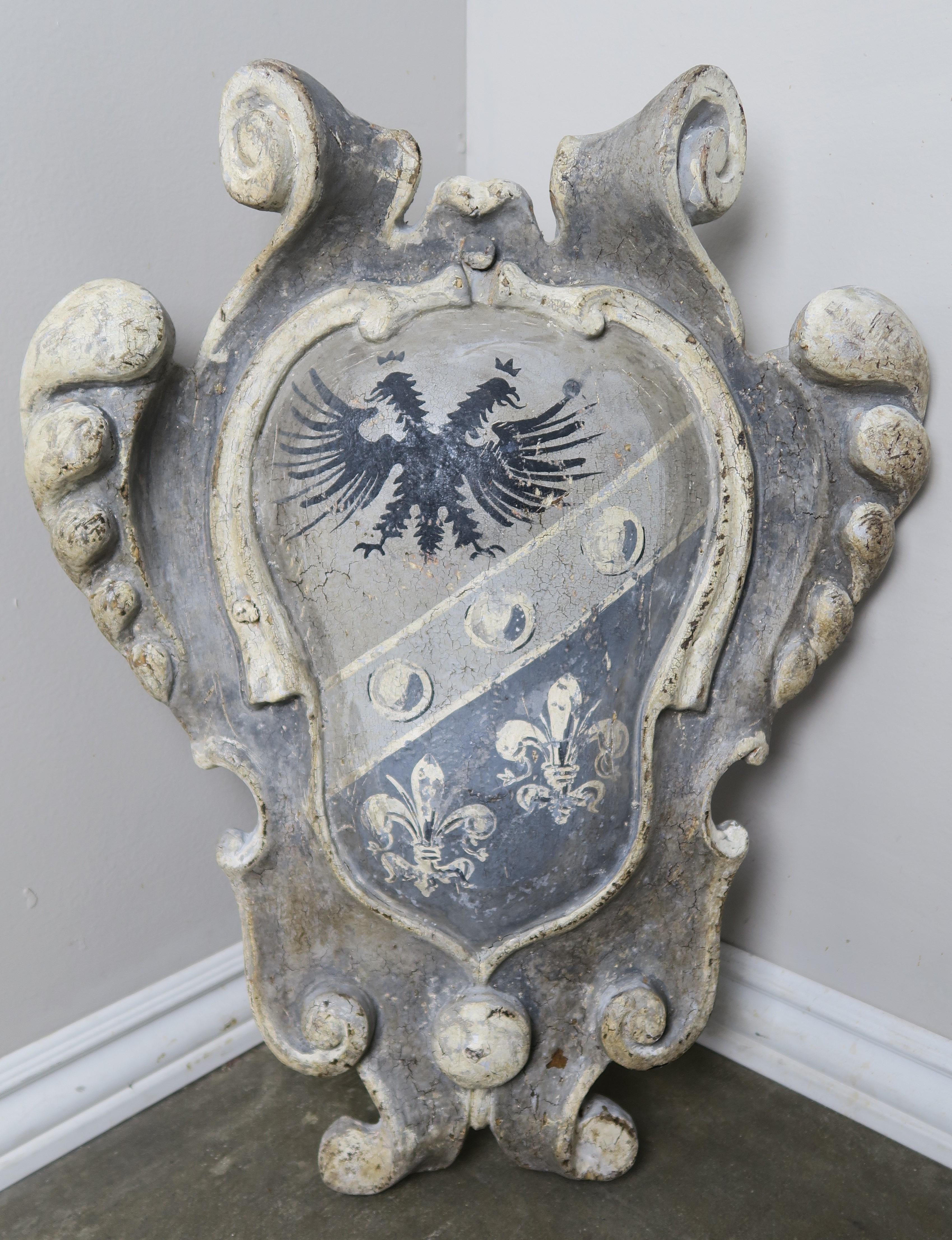 Early 20th Century Painted Italian Wood Shield with Winged Dragon