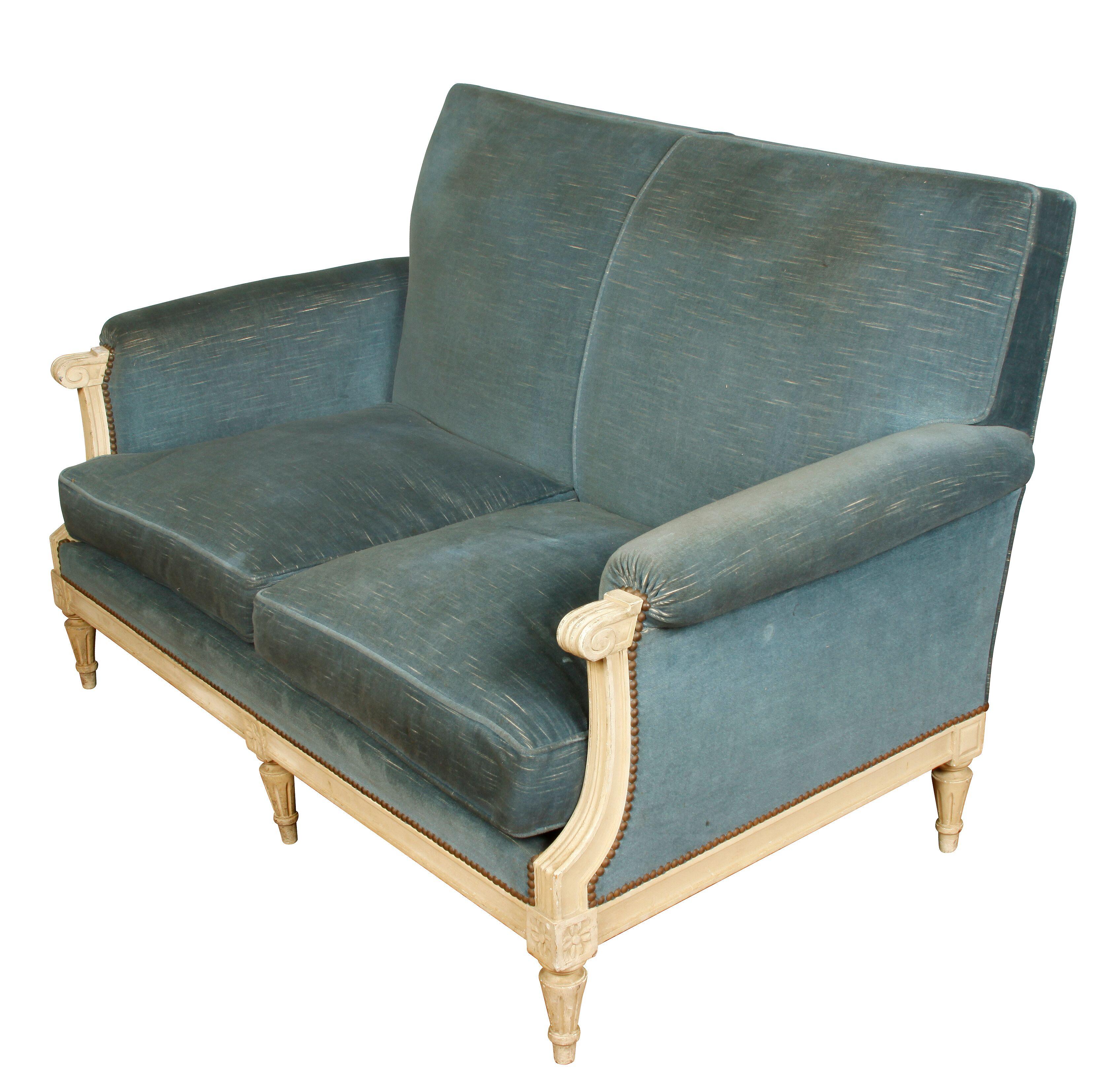 Painted Jansen Style Settee in blue fabric with nailhead trim, circa 1940.