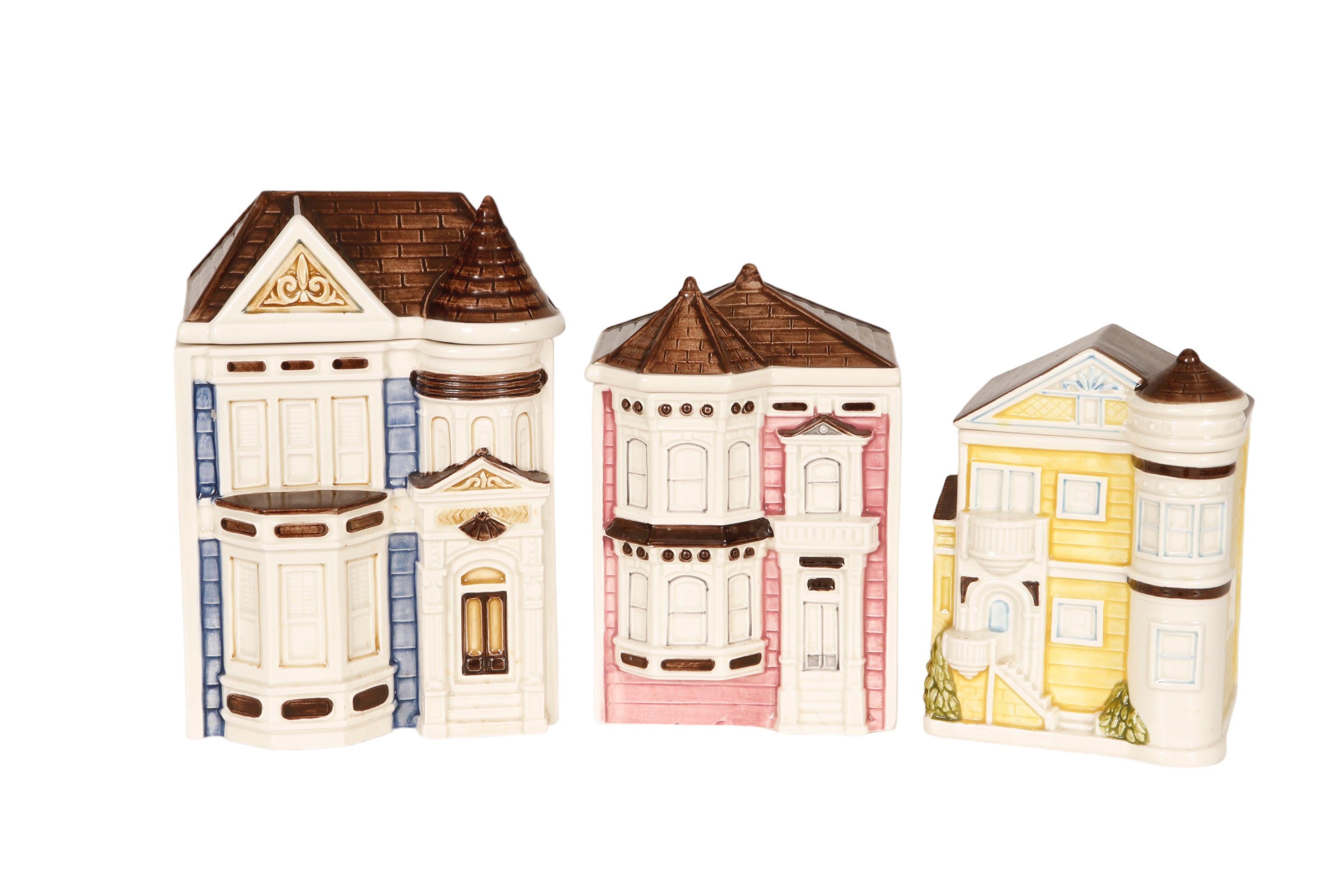 ‘Painted Lady’ Ceramic Kitchen Canisters - Set of 3 For Sale