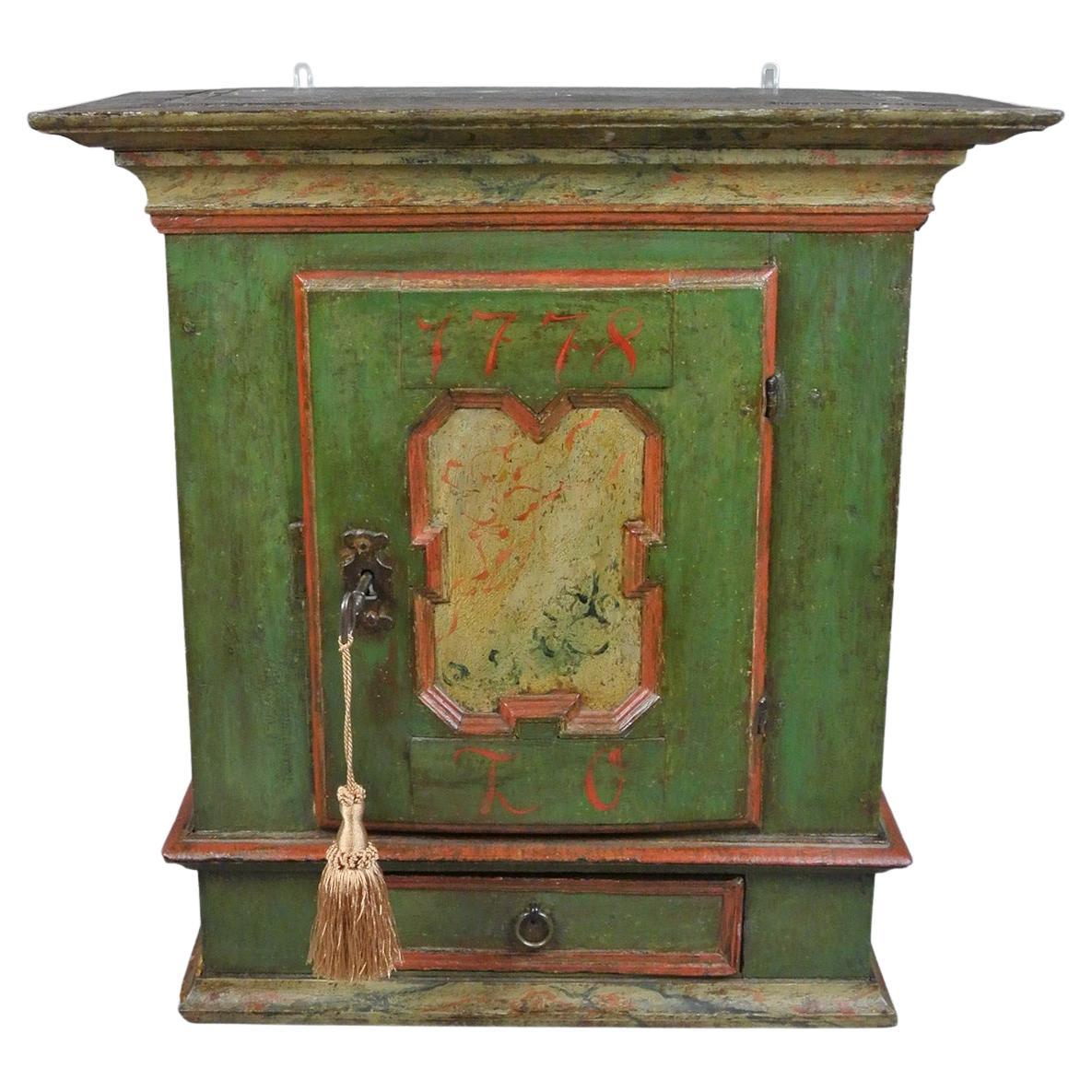 Painted Late 18th Century Swedish Wall Cabinet Dated 1778 For Sale