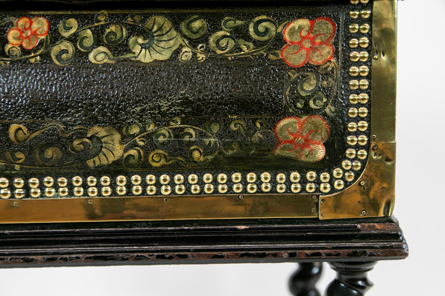 Mid-19th Century Painted Leather Camphor Wood Box on a Barley Twist Stand