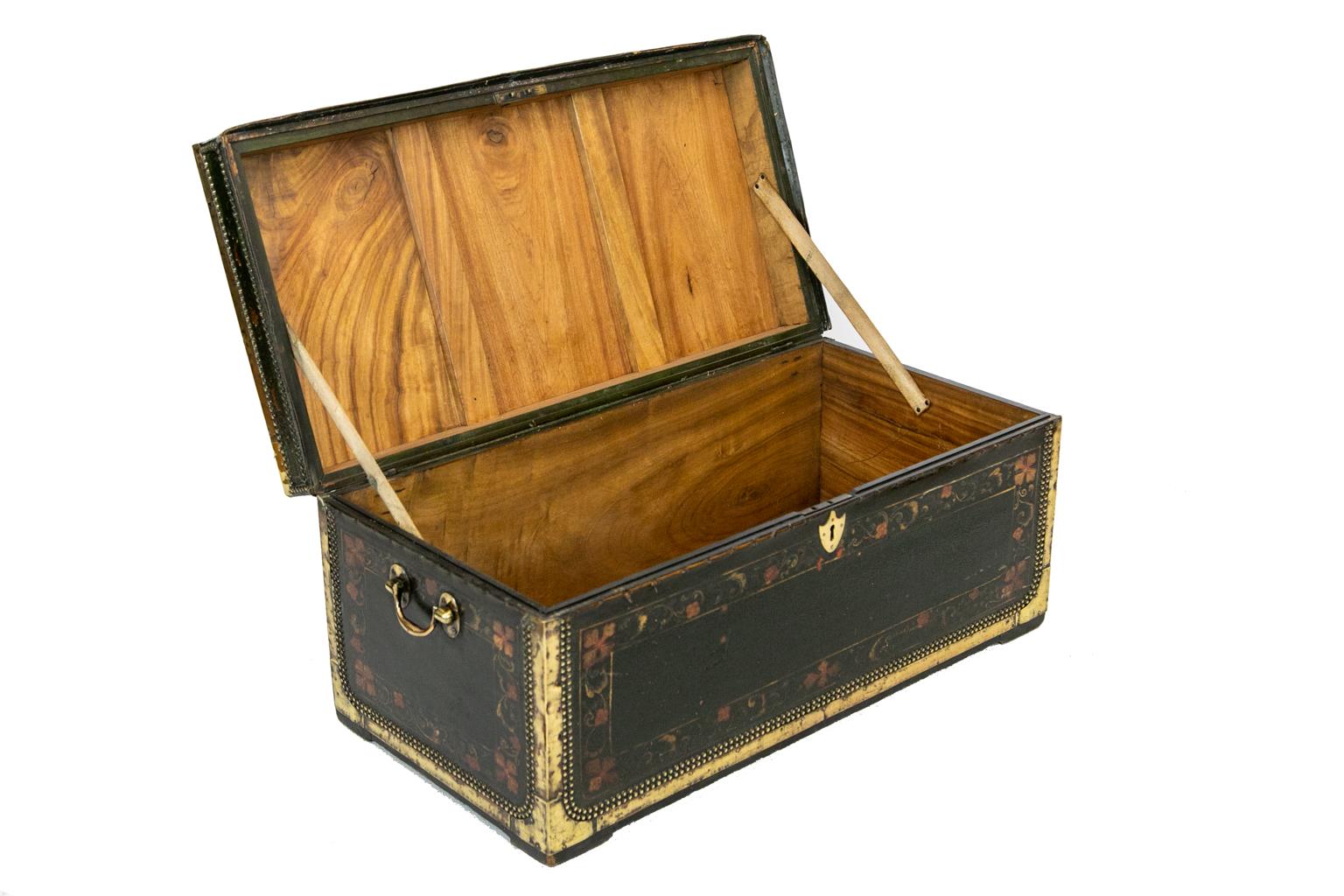 Mid-19th Century Painted Leather Camphor Wood Trunk For Sale