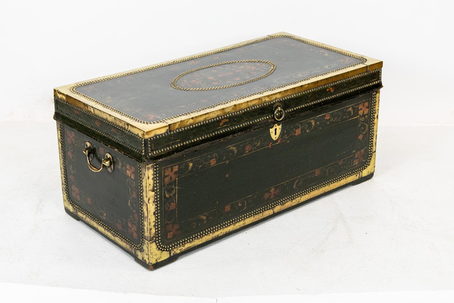 Brass Painted Leather Camphor Wood Trunk For Sale