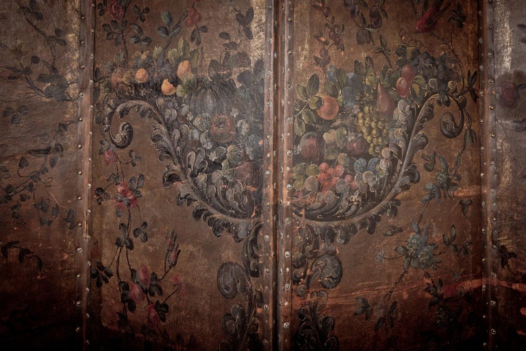 Victorian An exquisite early 19th Century hand painted four-fold leather room divider. For Sale