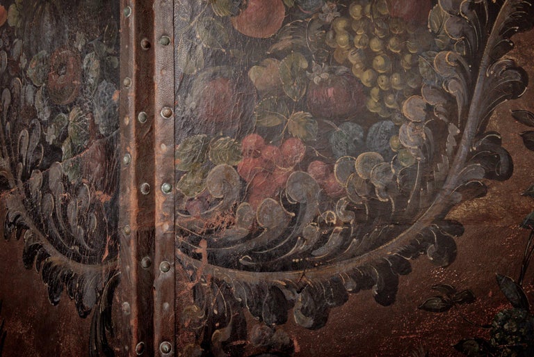 French An exquisite early 19th Century hand painted four-fold leather room divider. For Sale