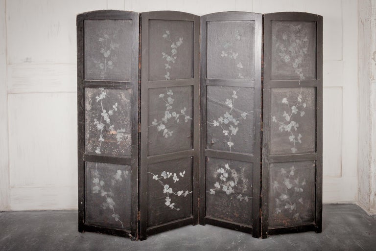 An exquisite early 19th Century hand painted four-fold leather room divider. For Sale 1