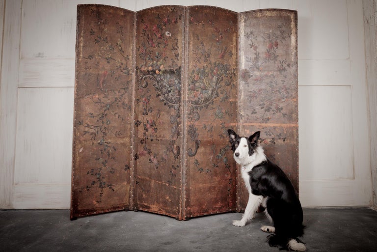 An exquisite early 19th Century hand painted four-fold leather room divider. For Sale 2