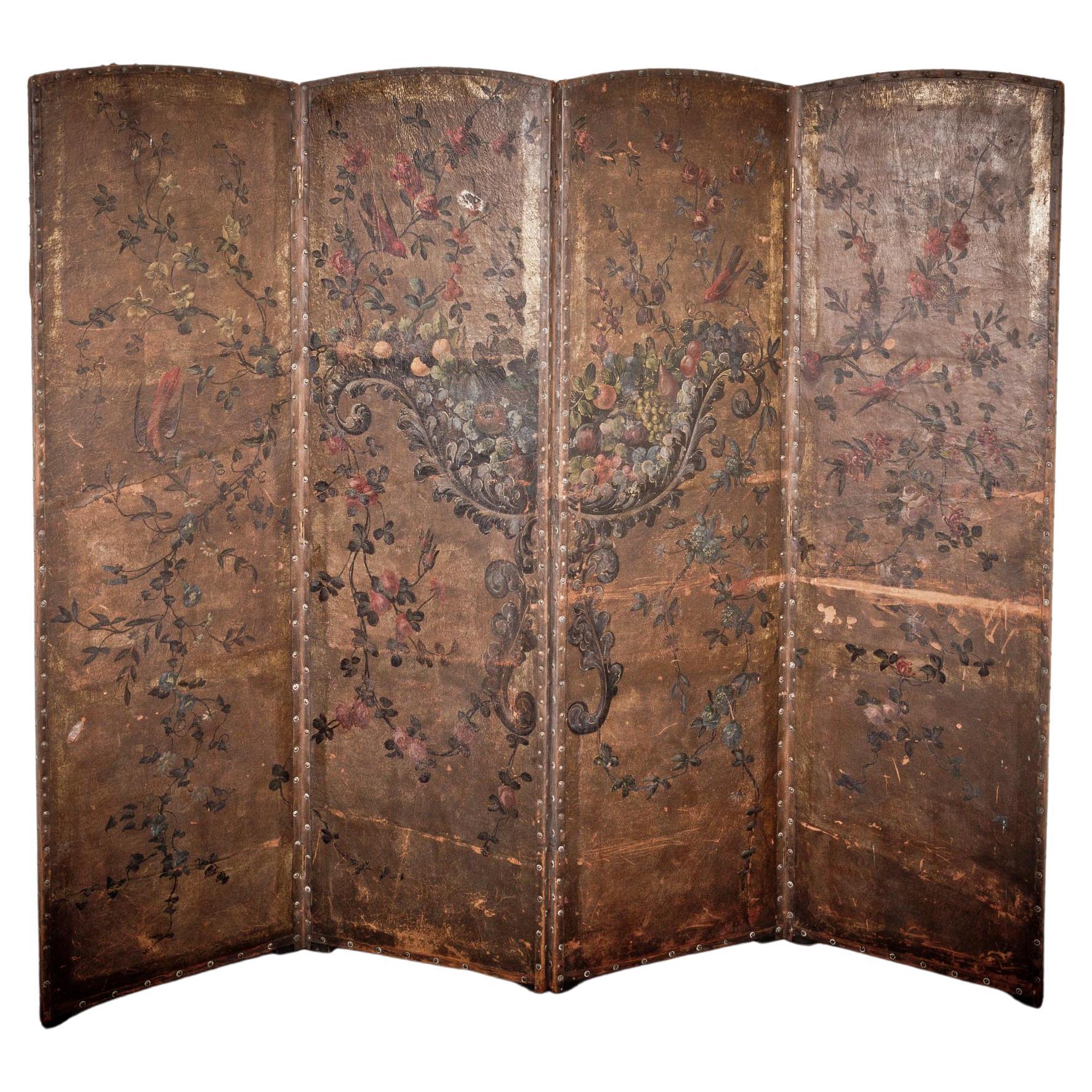An exquisite early 19th Century hand painted four-fold leather room divider. For Sale