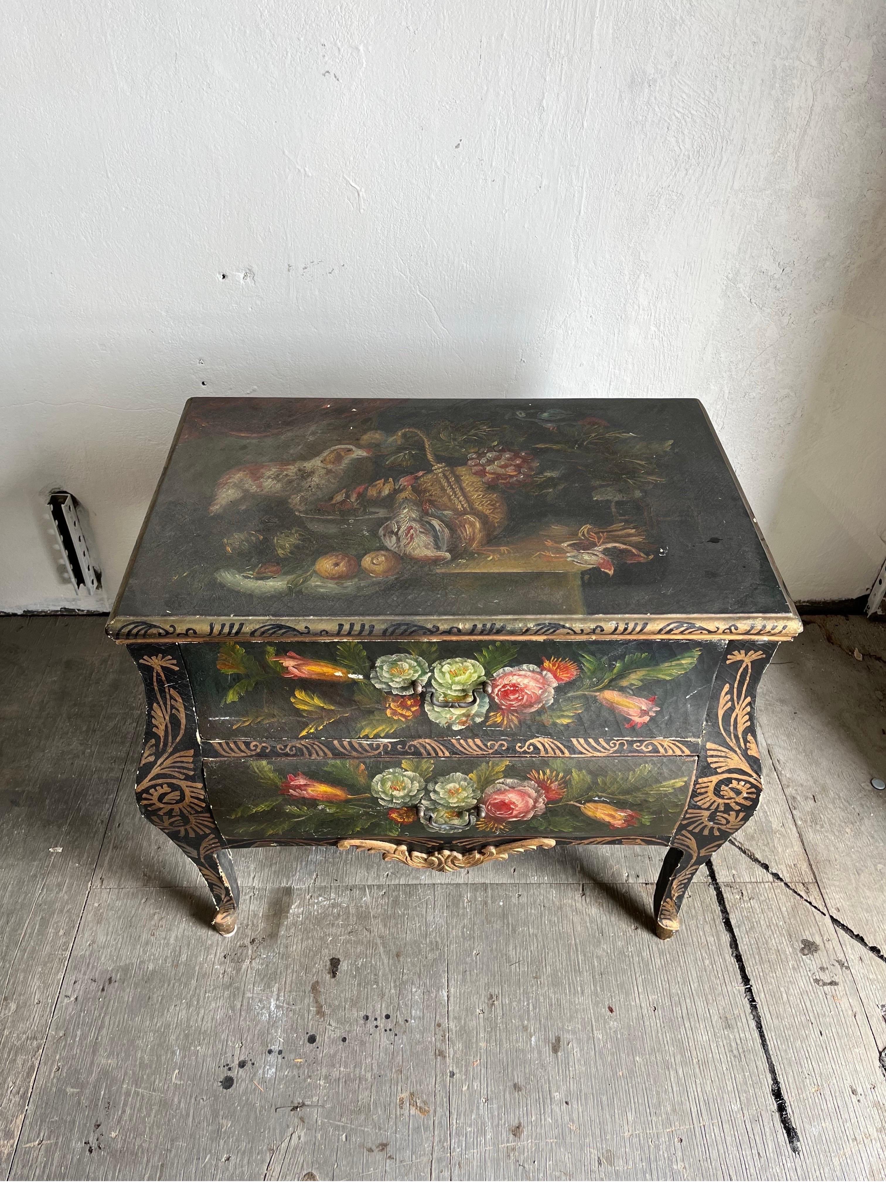 Unique Linen wrapped Bombe Chest. Two sided drawers. Period paintings on all sides and tip. Brass drawer pulls.

Curbside to NYC/Philly $350