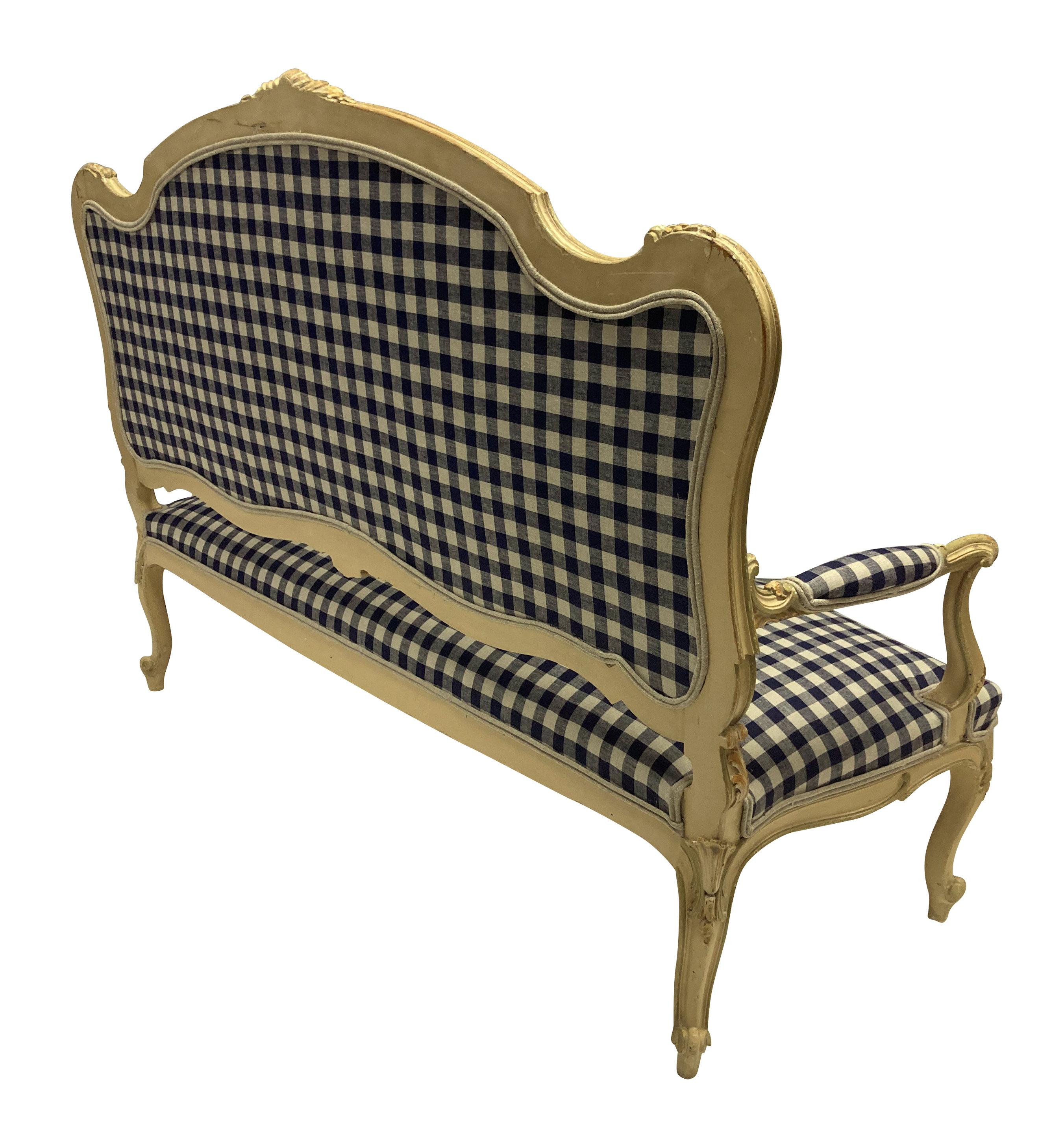French Painted Louis XV Style Canape in Navy Gingham Linen