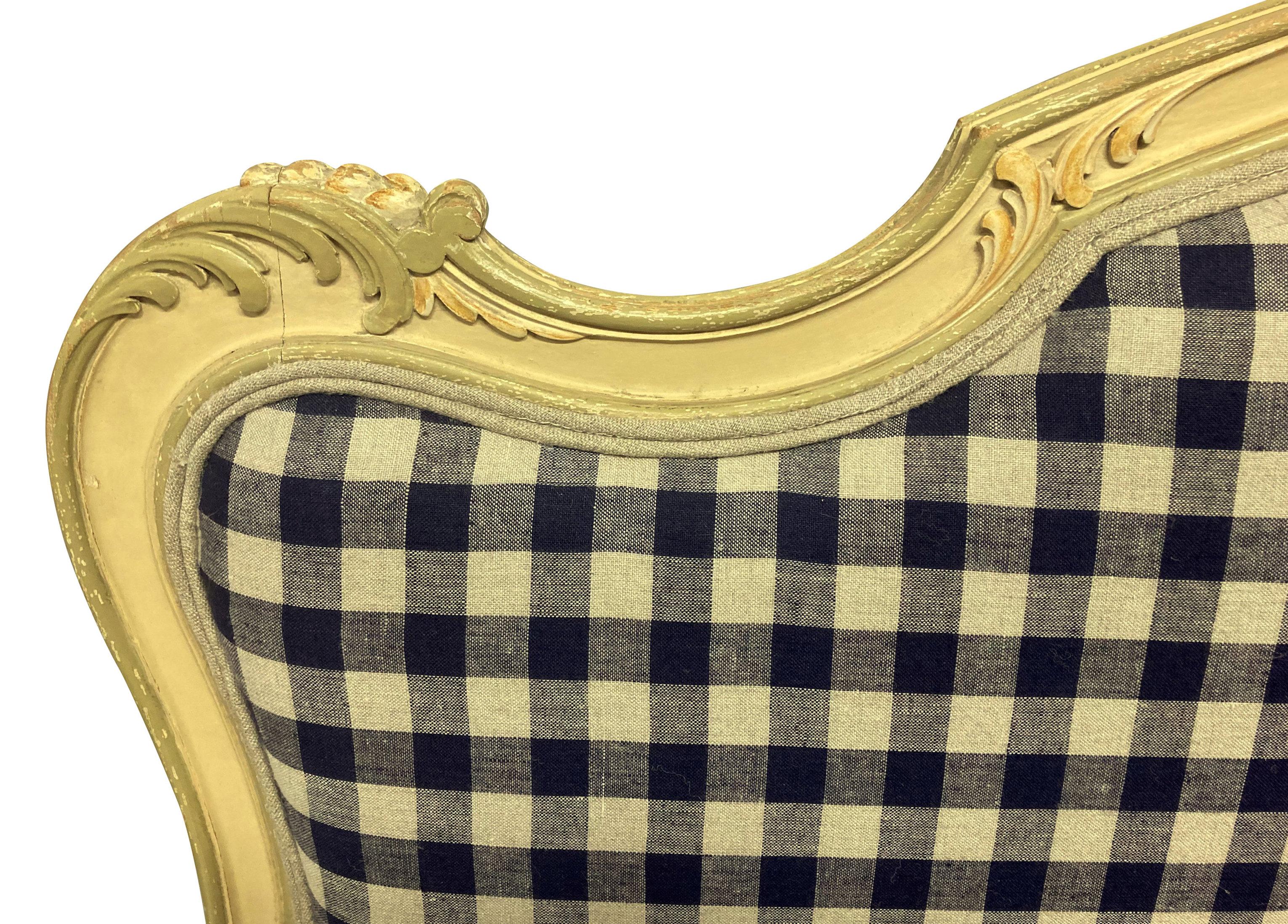 Hand-Painted Painted Louis XV Style Canape in Navy Gingham Linen