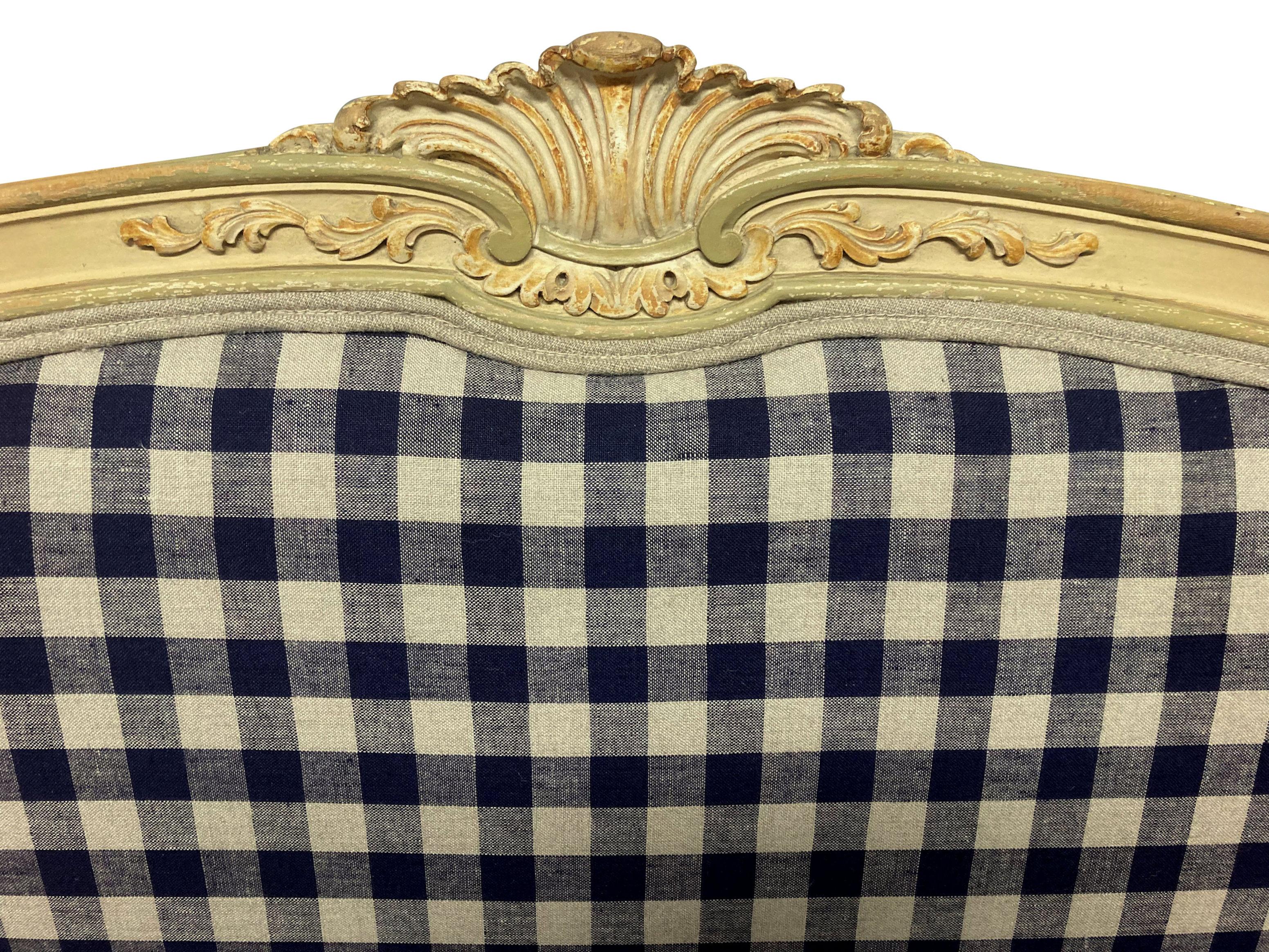 Hand-Painted Painted Louis XV Style Canape in Navy Gingham Linen For Sale