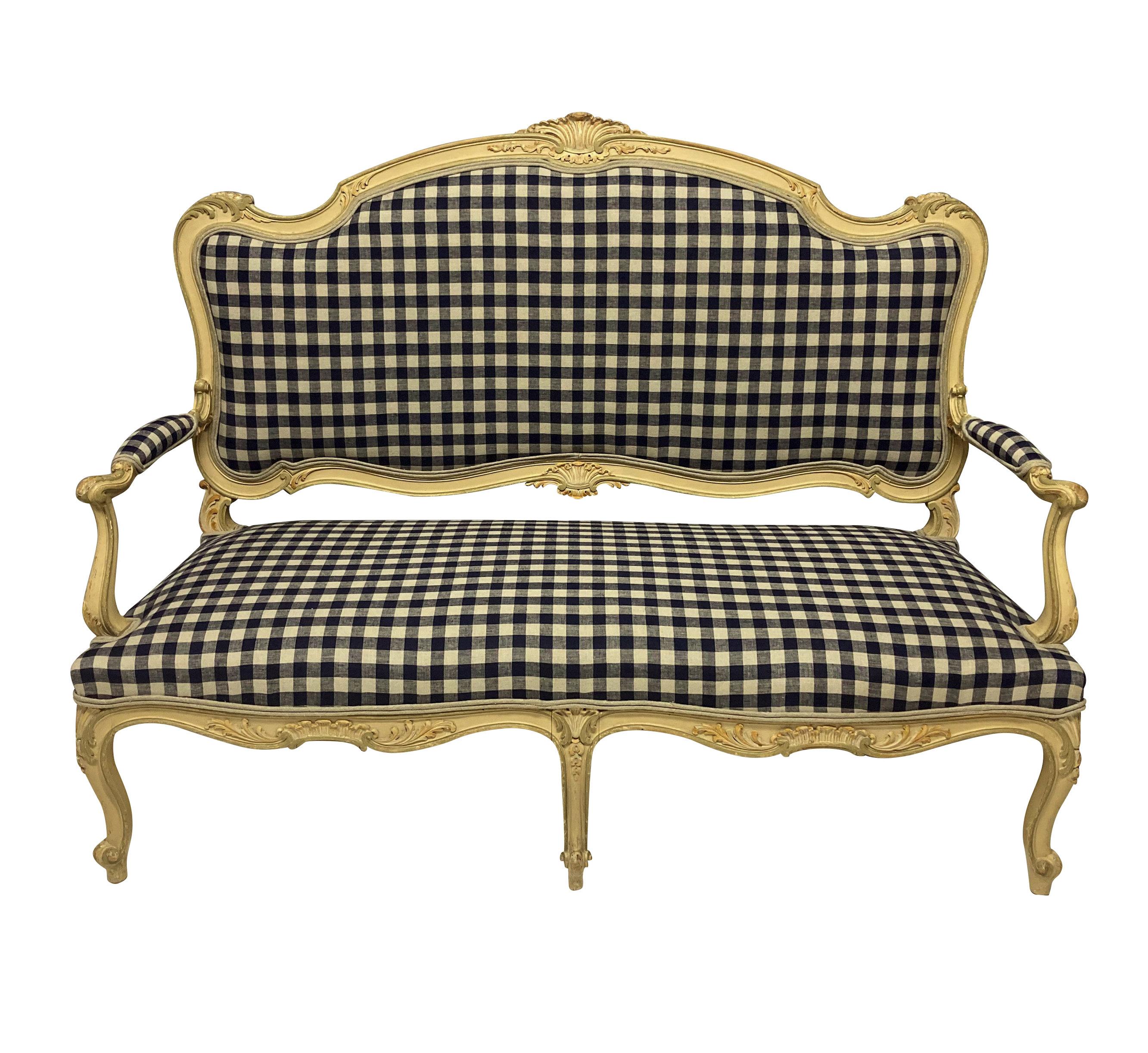 Mid-20th Century Painted Louis XV Style Canape in Navy Gingham Linen For Sale