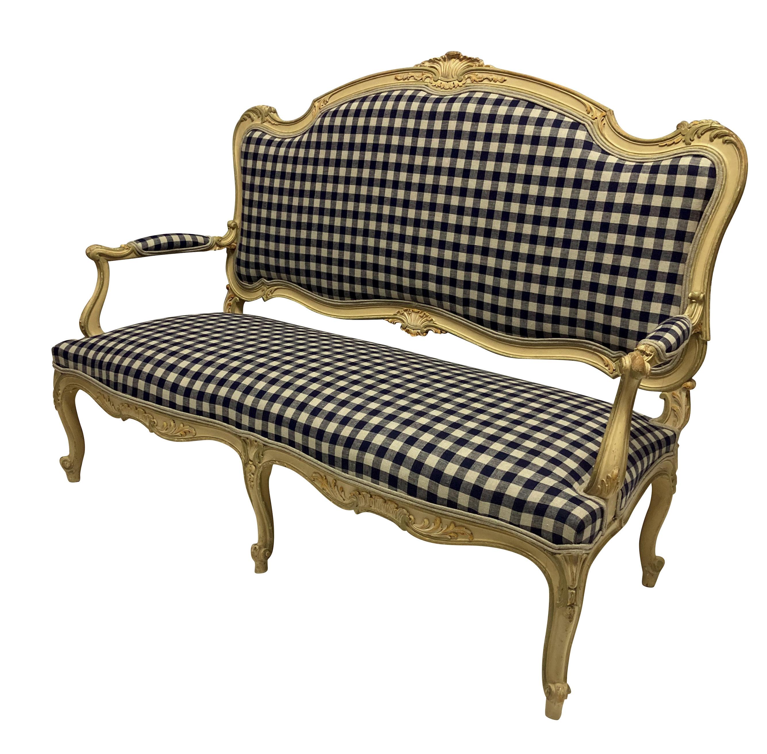 Fruitwood Painted Louis XV Style Canape in Navy Gingham Linen For Sale