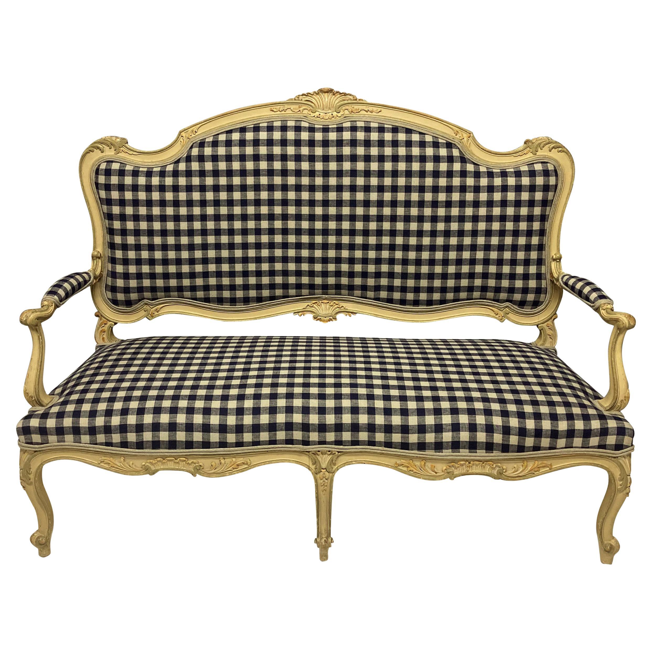 Painted Louis XV Style Canape in Navy Gingham Linen For Sale