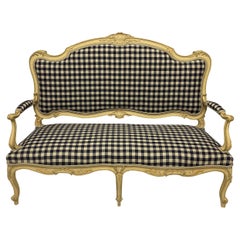 Vintage Painted Louis XV Style Canape in Navy Gingham Linen