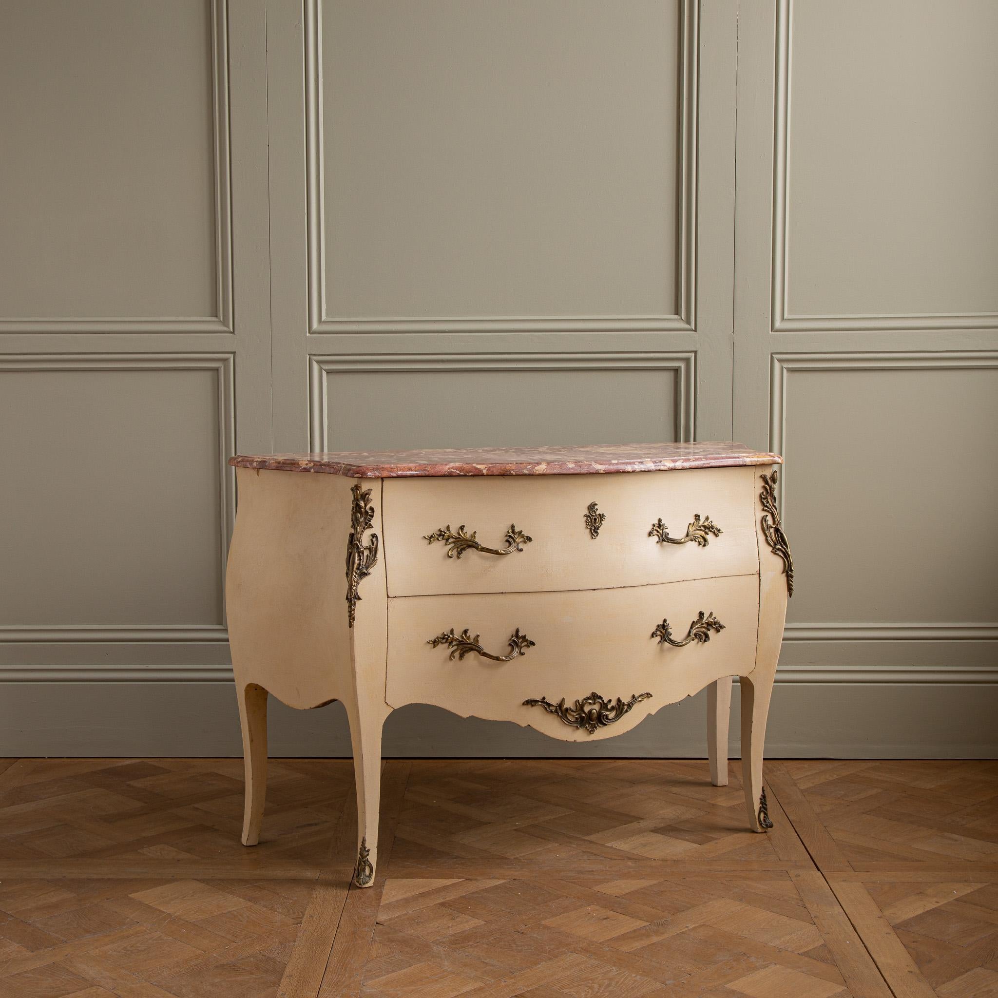 French Painted Louis XV Style Commode Bombe with Ormolu and Marble Top For Sale