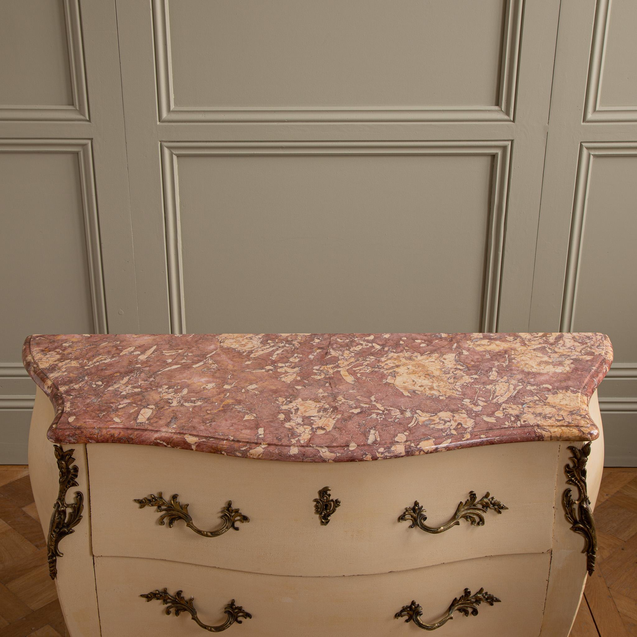 Hardwood Painted Louis XV Style Commode Bombe with Ormolu and Marble Top For Sale