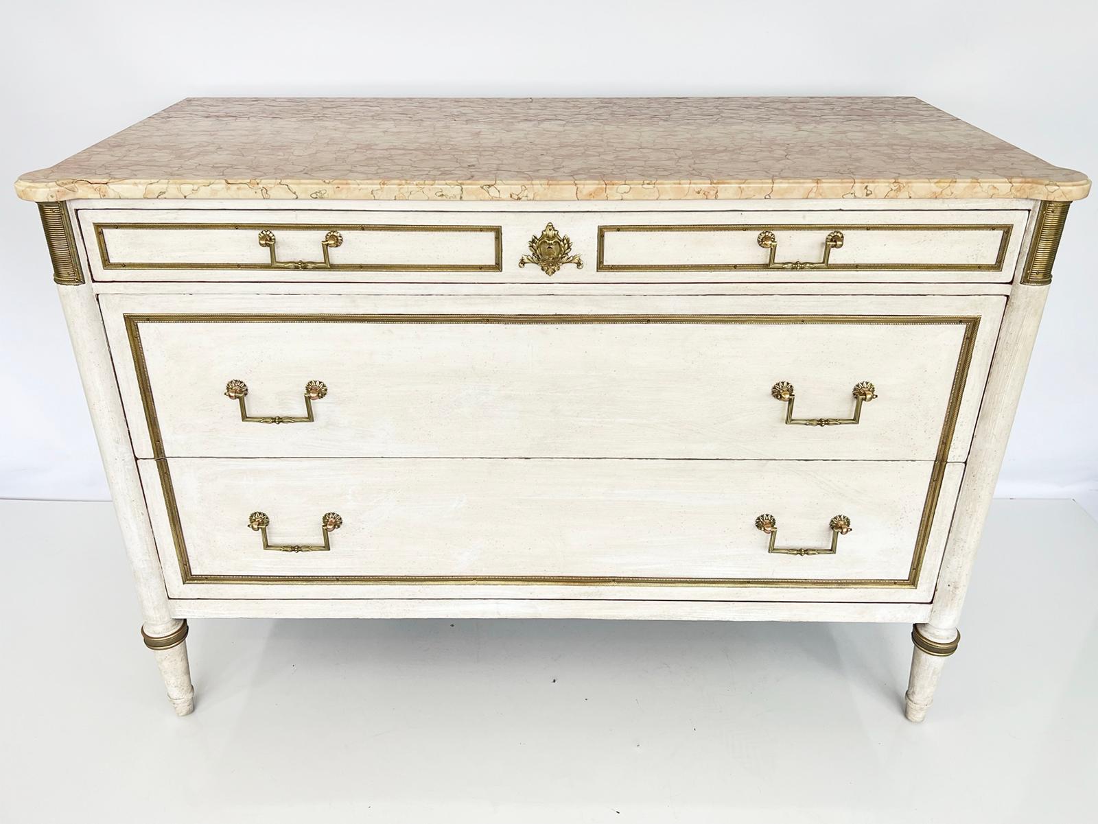 French Painted Louis XVI Style Commode with Marble Top For Sale