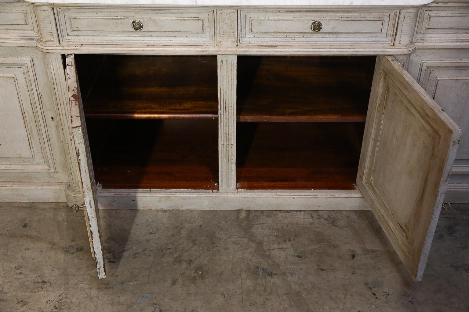 20th Century Painted Louis XVI-Style Walnut Enfilade with Shaped White Marble Top For Sale