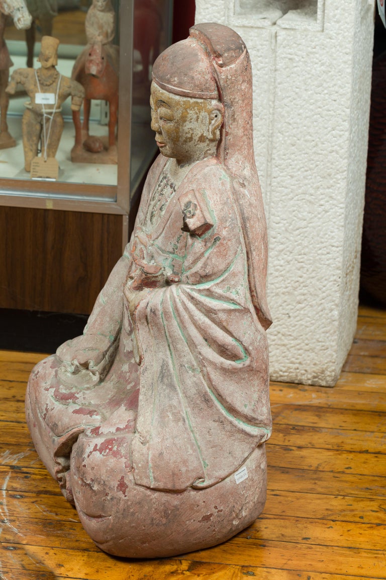 Chinese Ming Dynasty Painted and Carved Statue of Guanyin, 15th or 16th Century For Sale 8