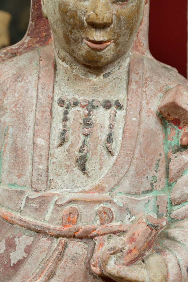 Chinese Ming Dynasty Painted and Carved Statue of Guanyin, 15th or 16th Century In Good Condition For Sale In Yonkers, NY