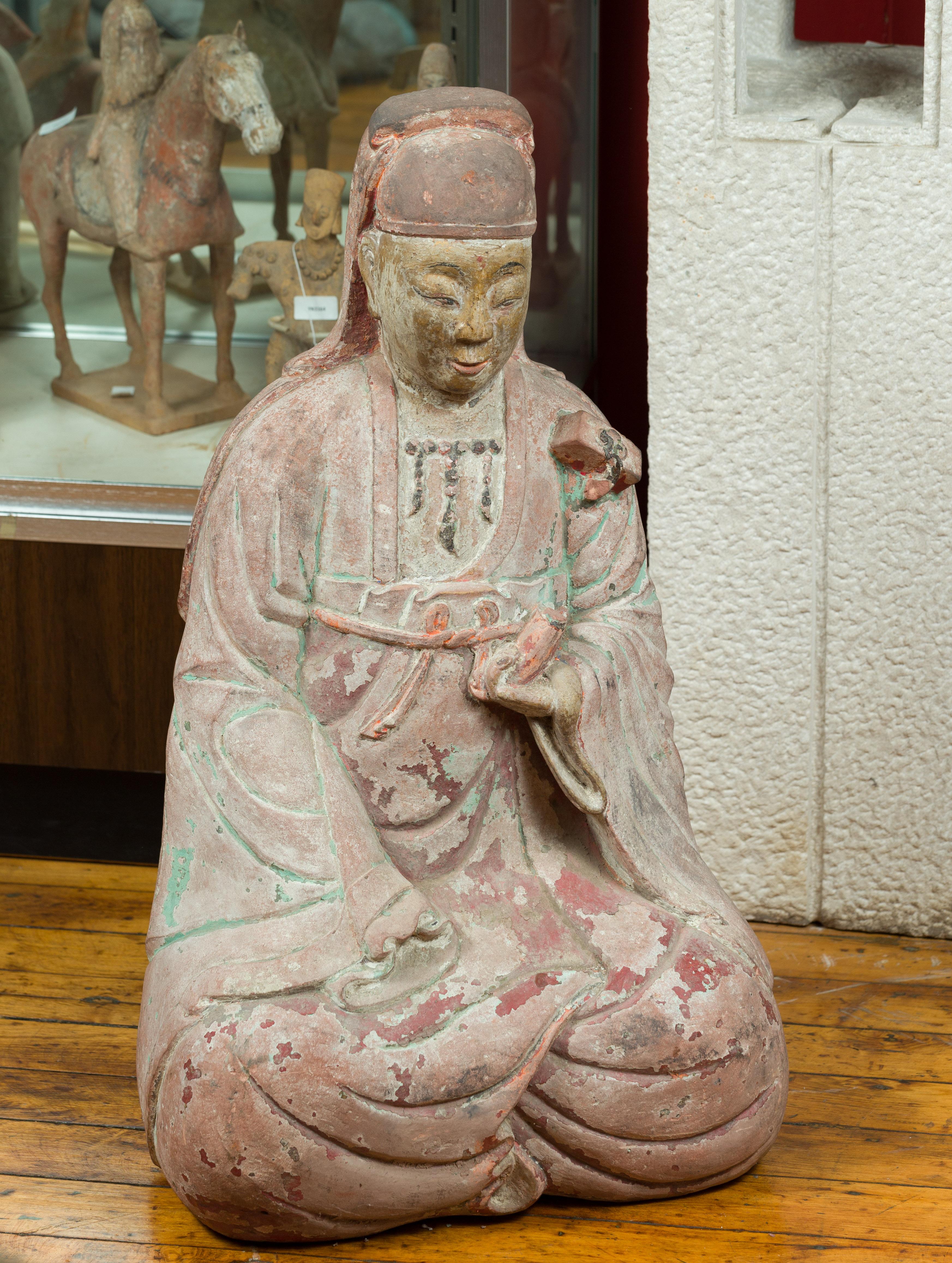 Stone Chinese Ming Dynasty Painted and Carved Statue of Guanyin, 15th or 16th Century For Sale