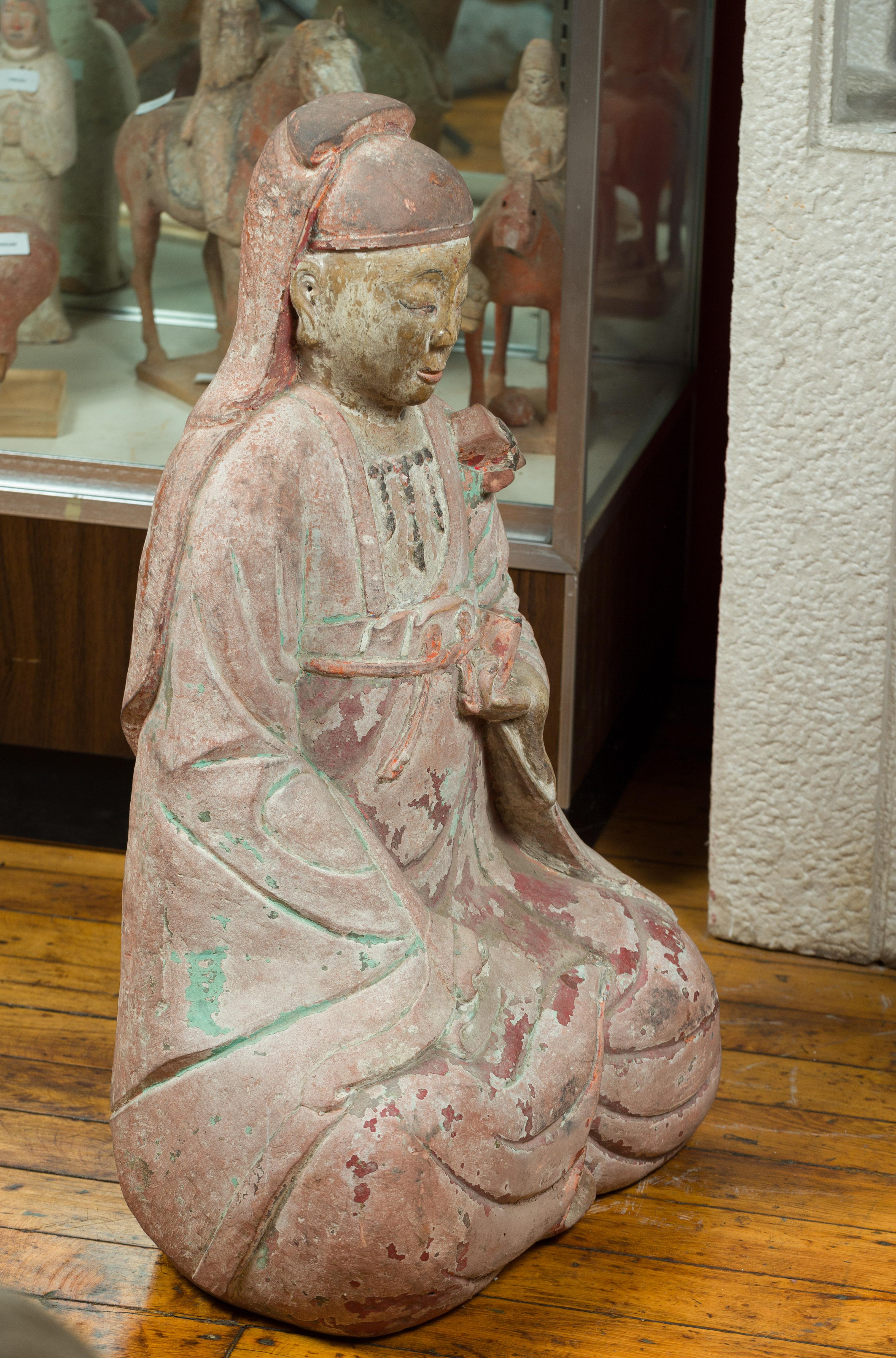 Chinese Ming Dynasty Painted and Carved Statue of Guanyin, 15th or 16th Century For Sale 1