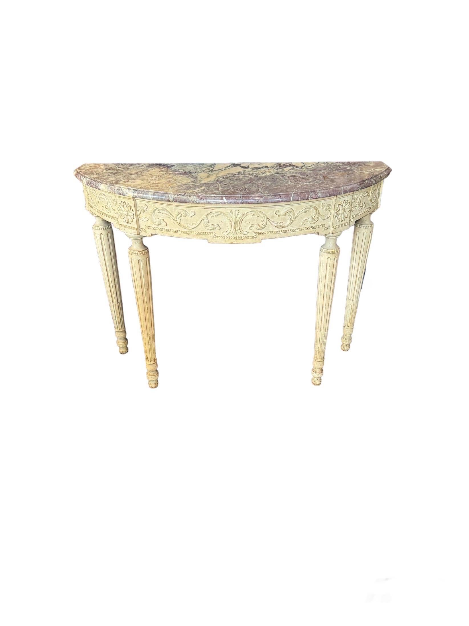 Painted Marble Top Console Louis XVI Style with one drawer. Tapered and fluted legs below on a carved frieze with a single drawer with a marble top.
