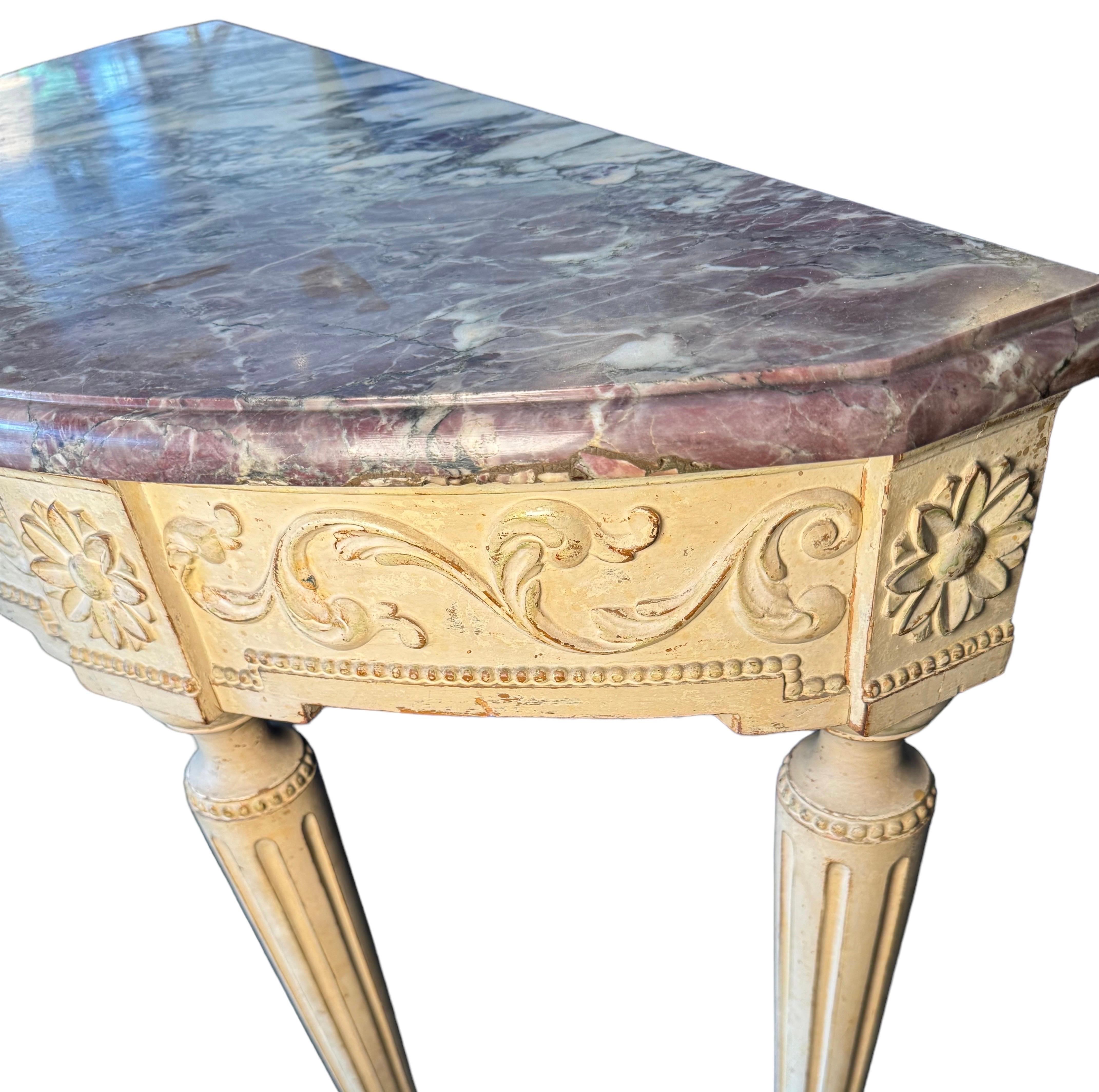 Hand-Carved Painted Marble Top Console For Sale