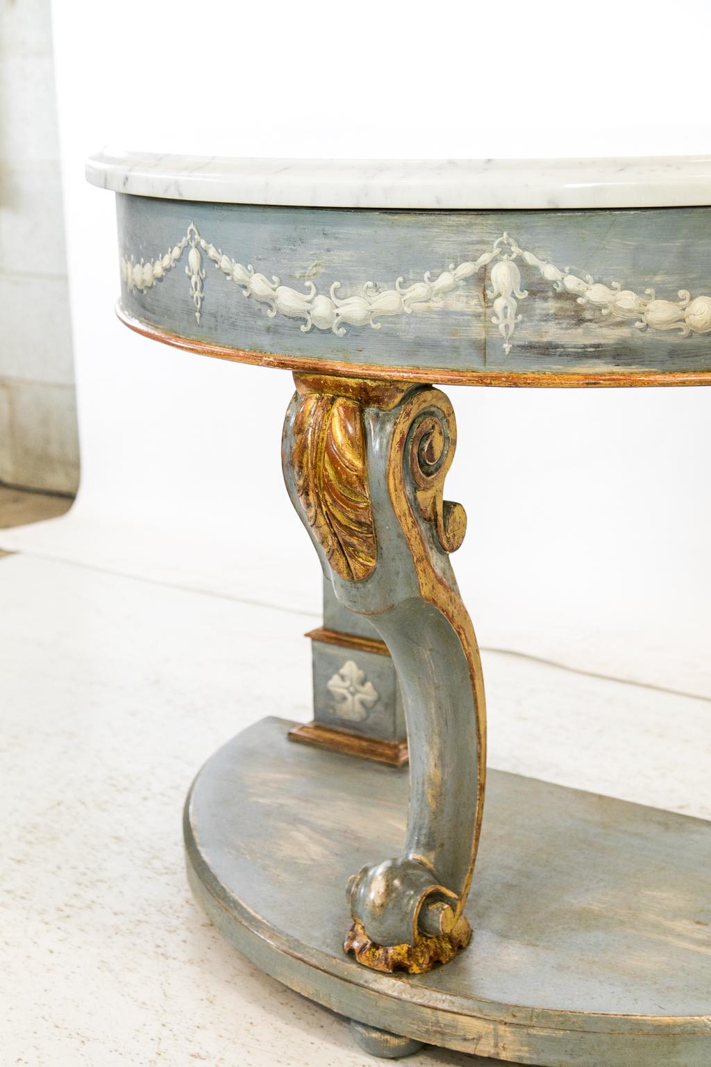 French Painted Marble-Top Demilune Console Table