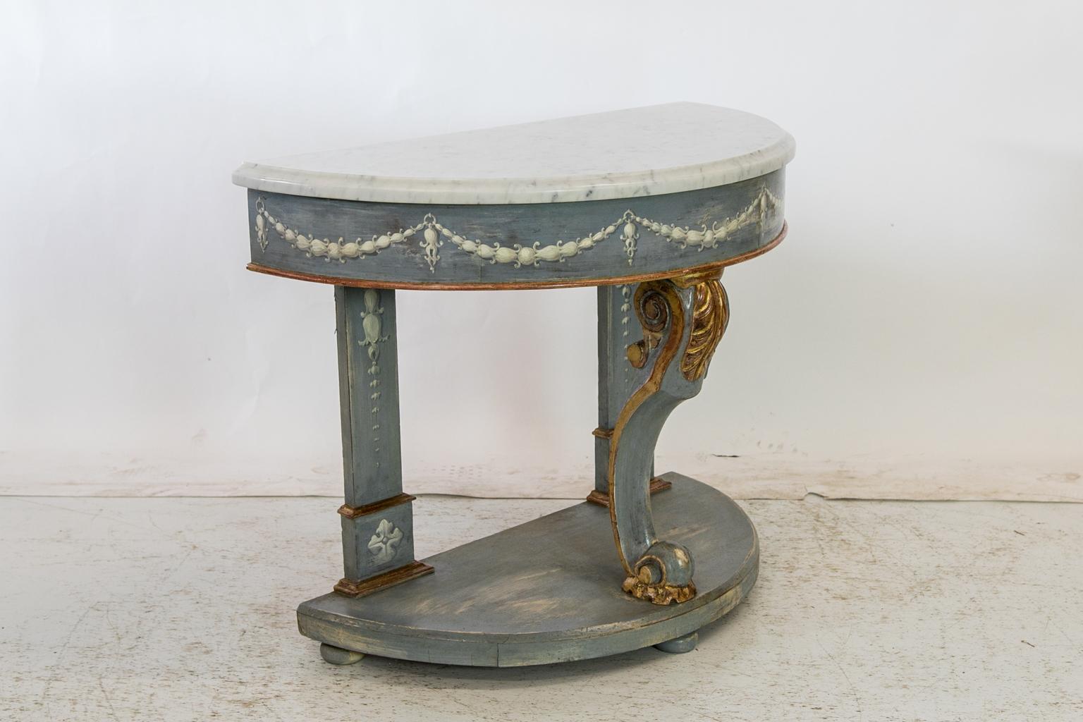 Late 19th Century Painted Marble-Top Demilune Console Table