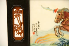 Hand-Painted Japanese Marble Warrior Panel in Fruitwood Frame, 1940s