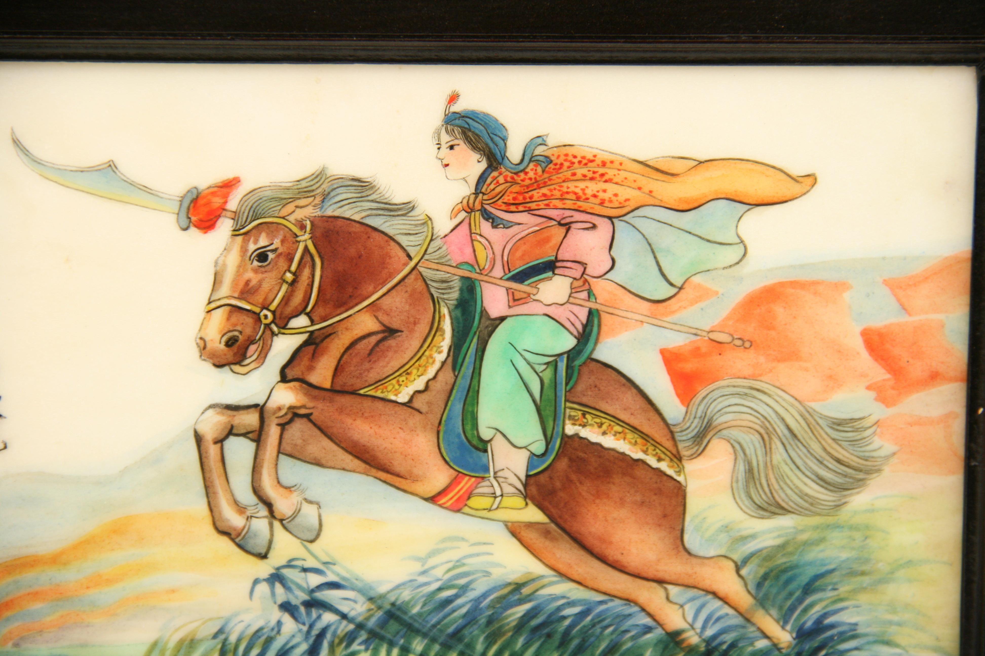 Painted Japanese  Marble Warrior Panel  In Good Condition For Sale In Douglas Manor, NY