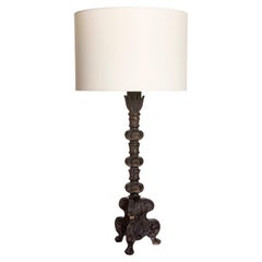 Painted Metal Candlestick Lamp with White Linen Barrell Shade