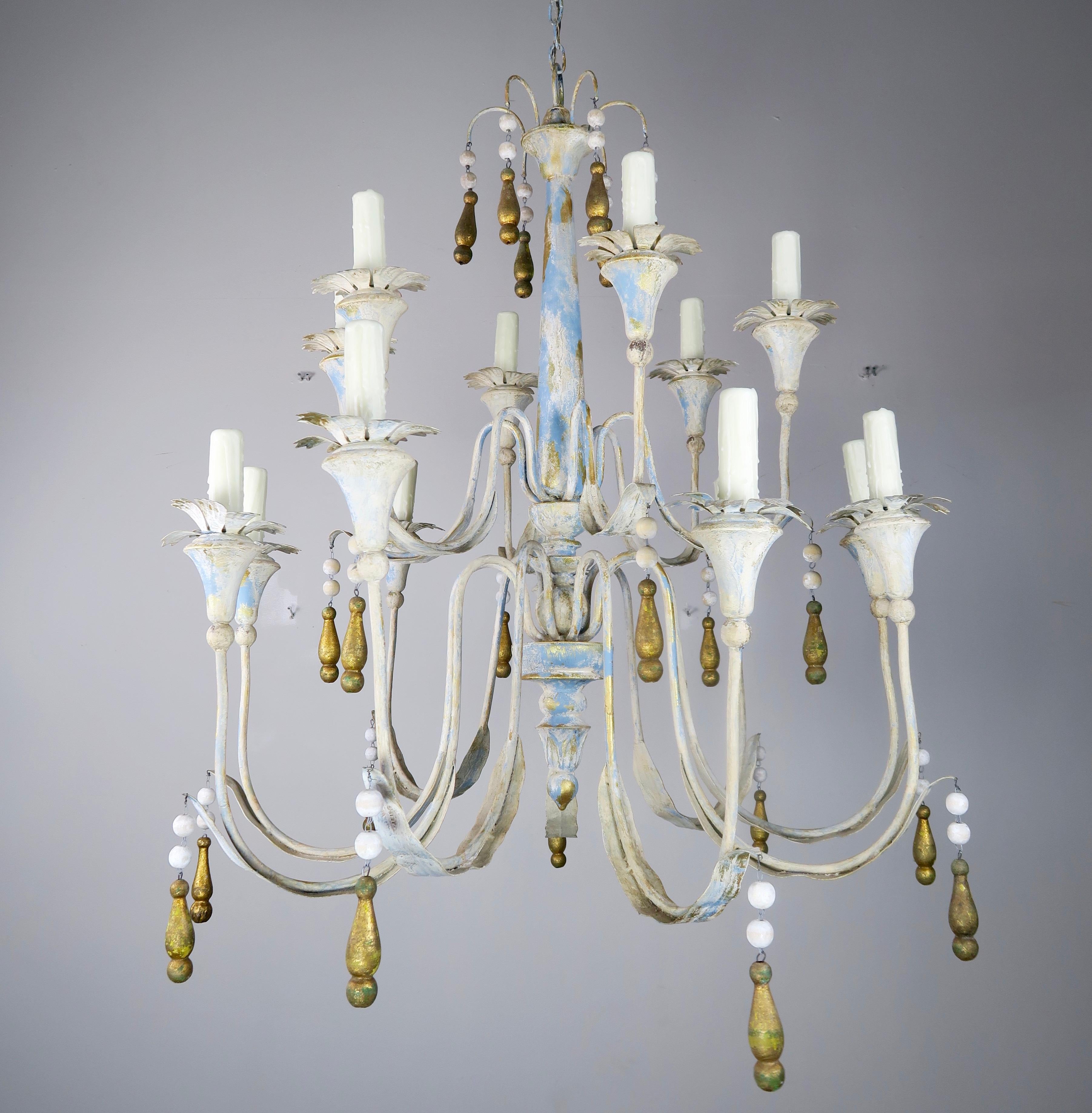 Painted Metal Chandelier with Gilt Tassels 5