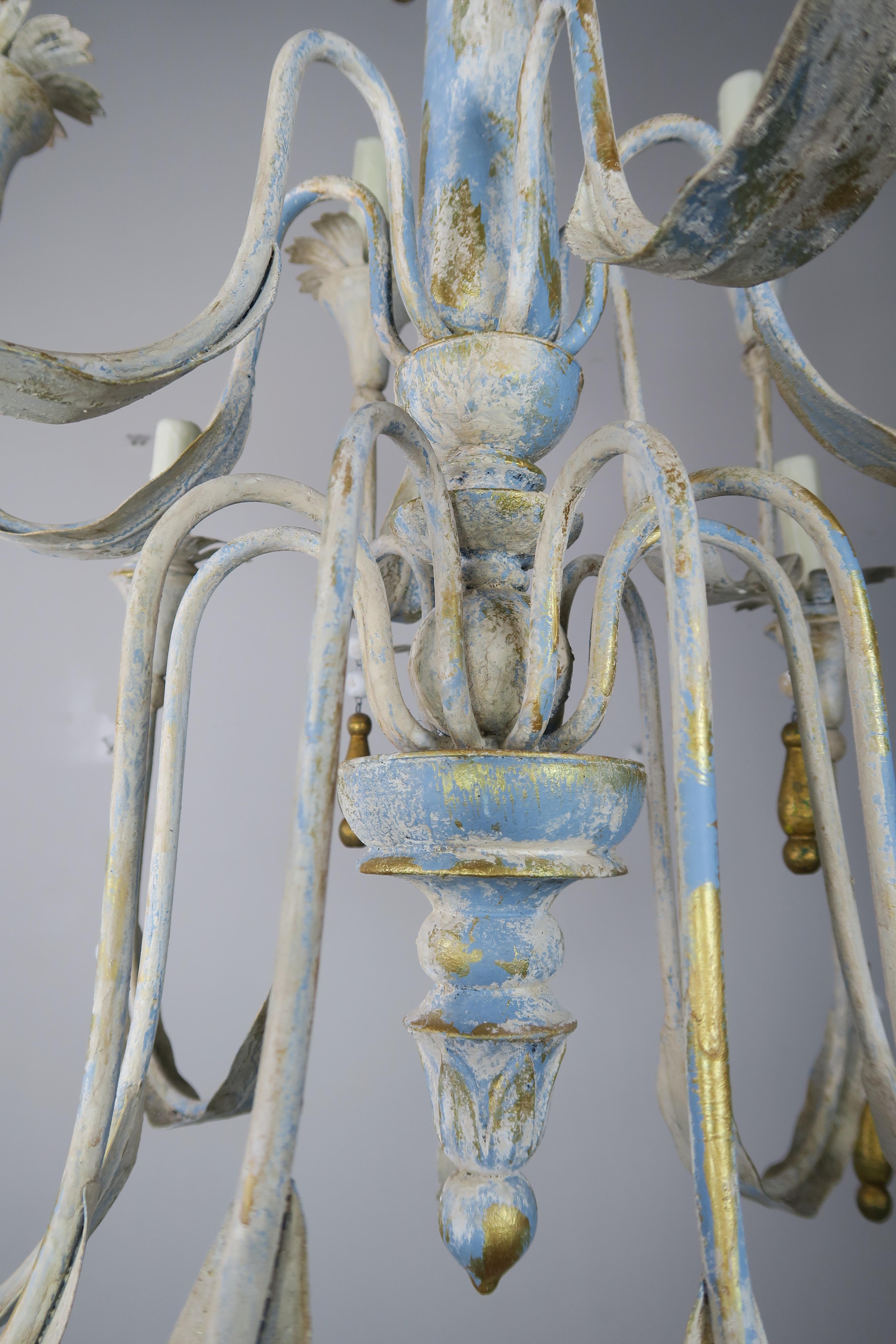Painted Metal Chandelier with Gilt Tassels In Distressed Condition In Los Angeles, CA