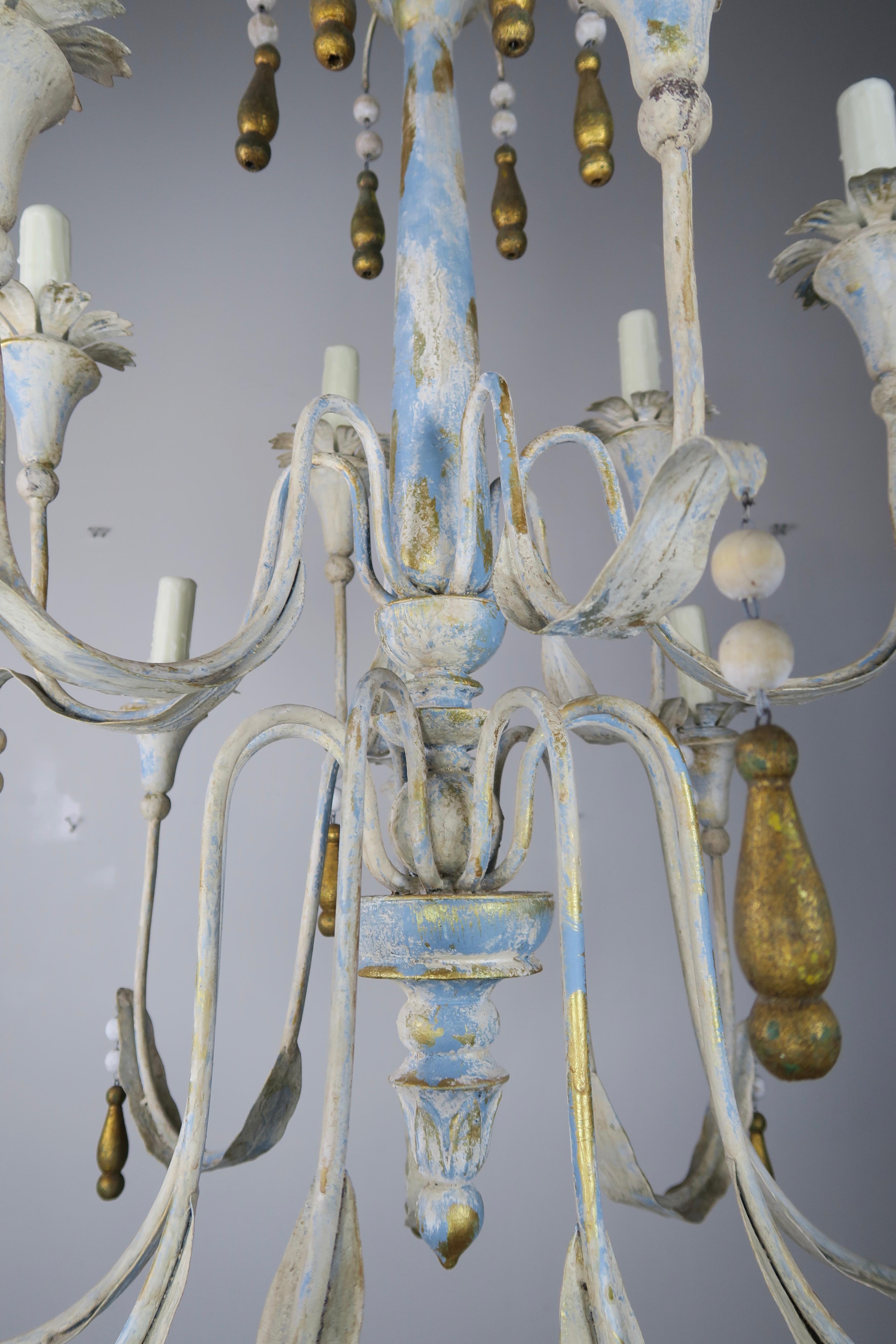 Rococo Painted Metal Chandelier with Gilt Tassels