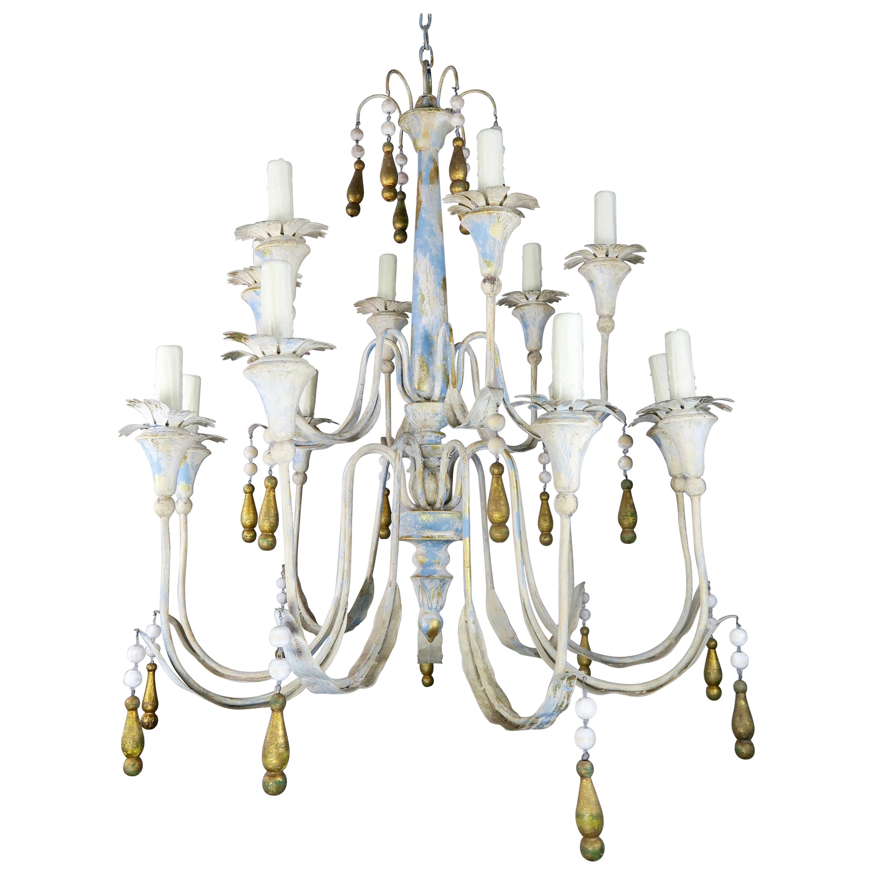 Painted Metal Chandelier with Gilt Tassels