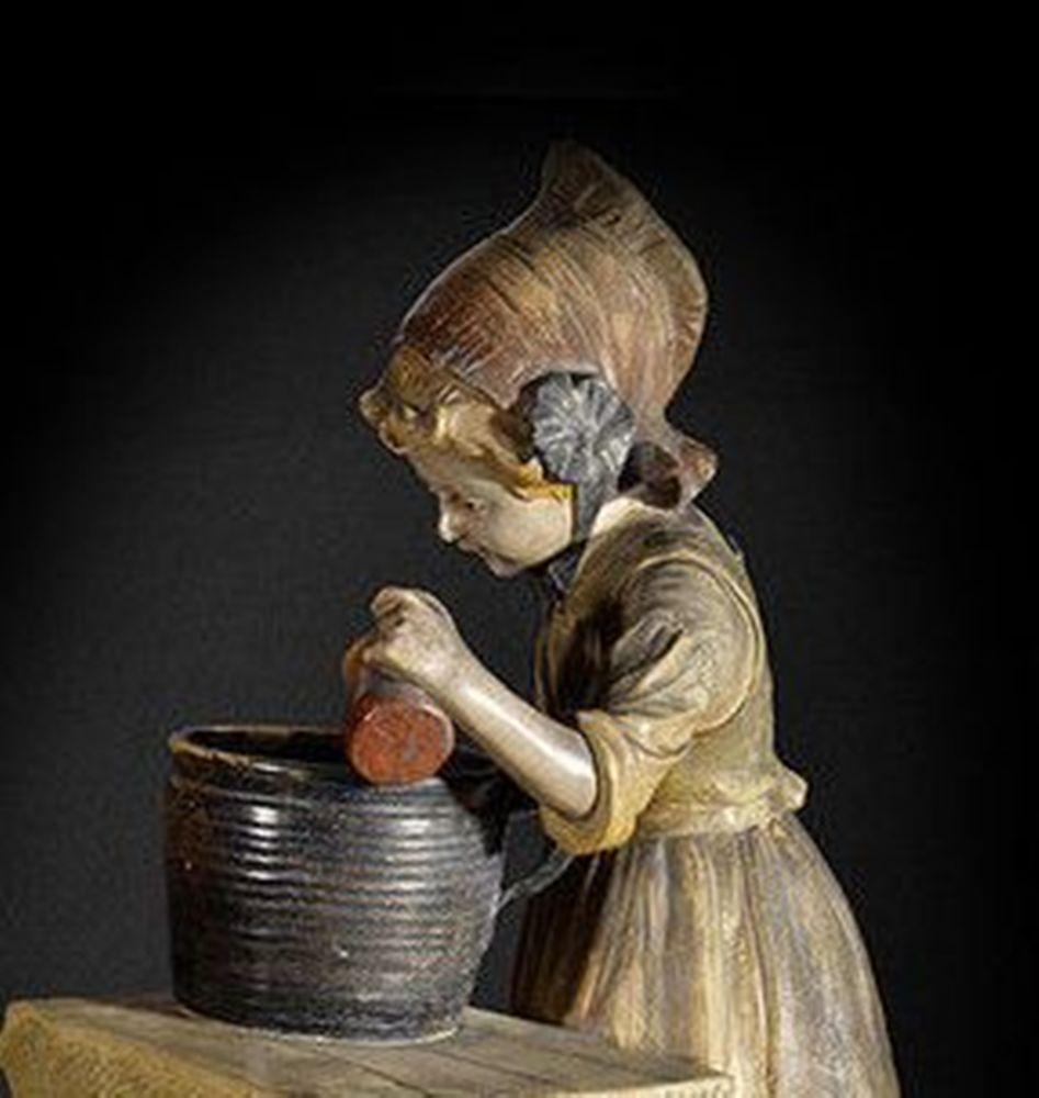 Rustic Painted Metal Lamp in the Form of a Young Girl at a Stove For Sale