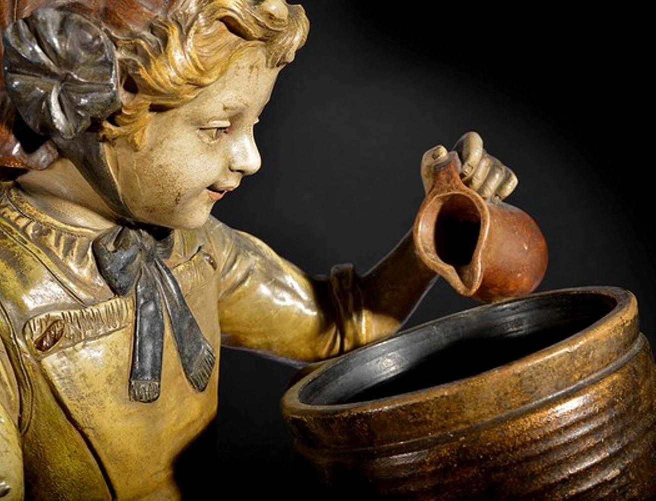European Painted Metal Lamp in the Form of a Young Girl at a Stove For Sale